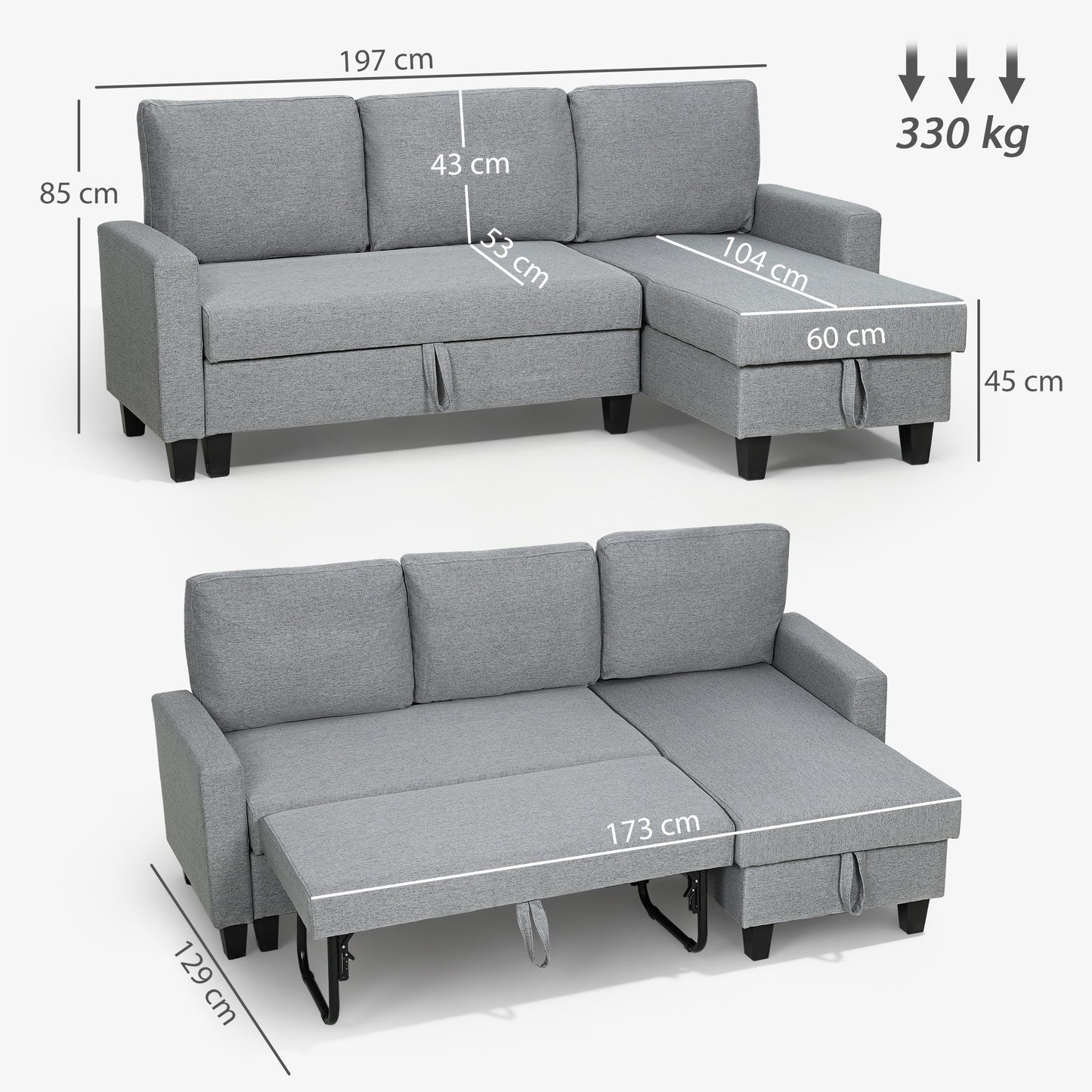 HOMCOM Three-Seater Storage Sofa Bed - Grey