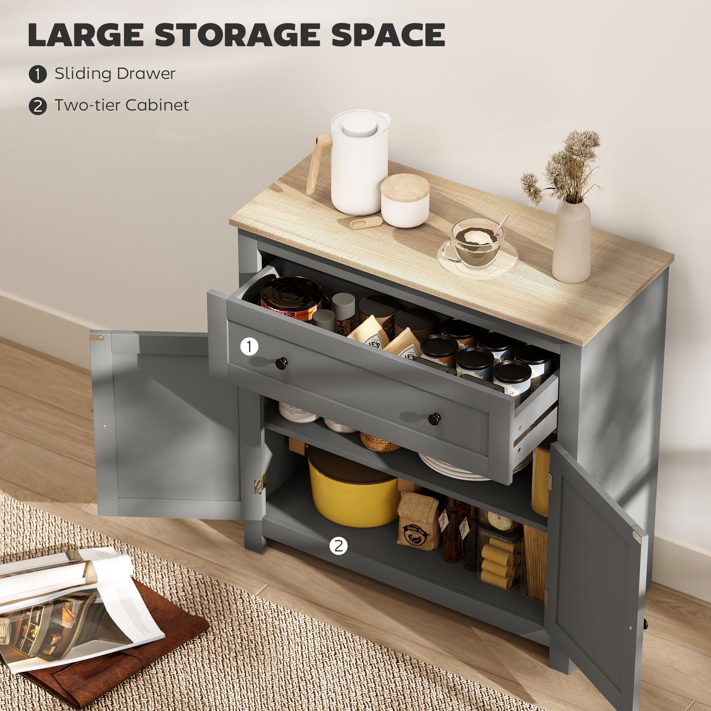 HOMCOM Sideboard Storage Cabinet, Modern Kitchen Cupboard with Adjustable Shelf, Drawer, Double Doors for Living, Dining Room, Hallway, Grey