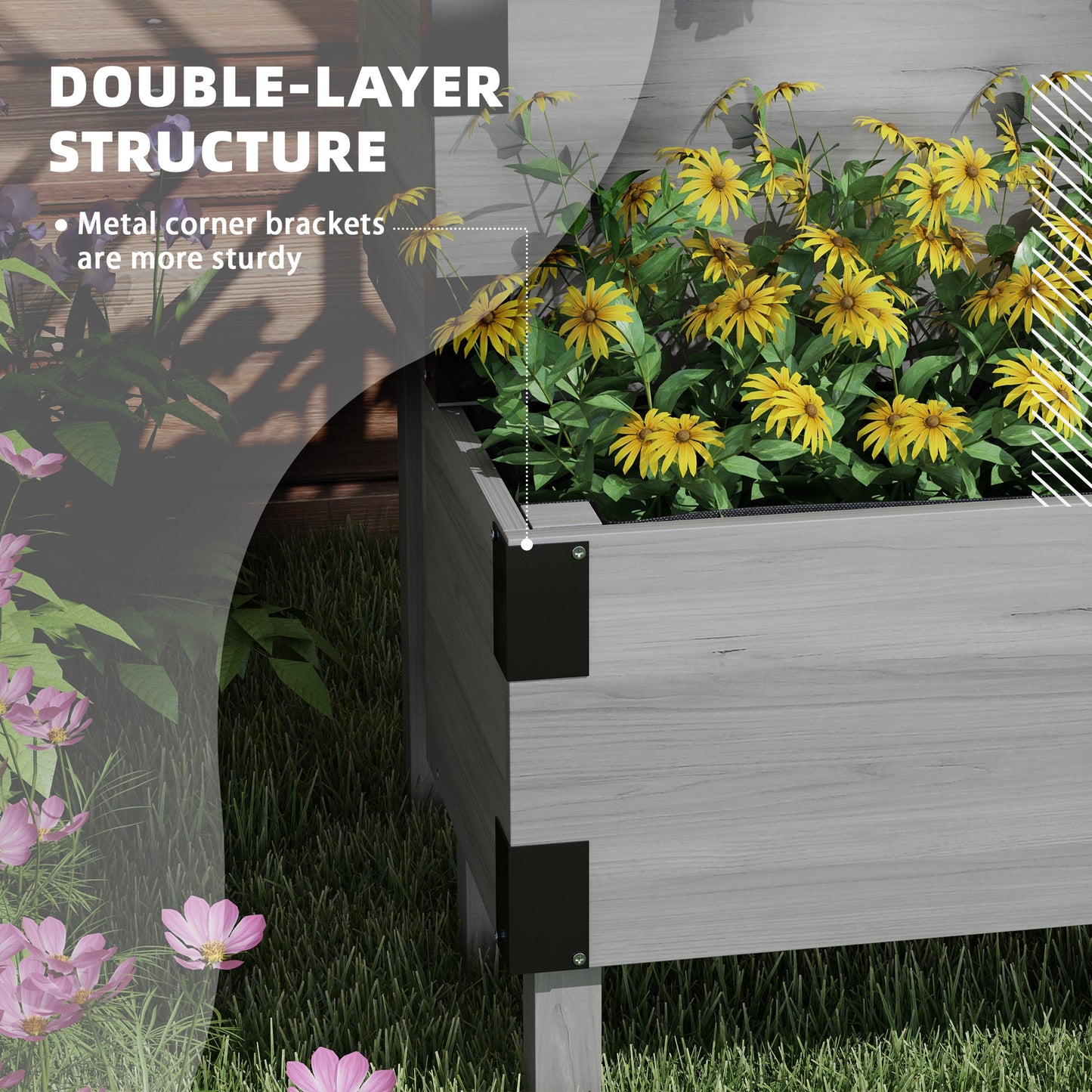 Outsunny Raised Garden Bed with Trellis, 2-Tier Wooden Elevated Planter Box  for Vegetables, Flowers, Herbs, Grey