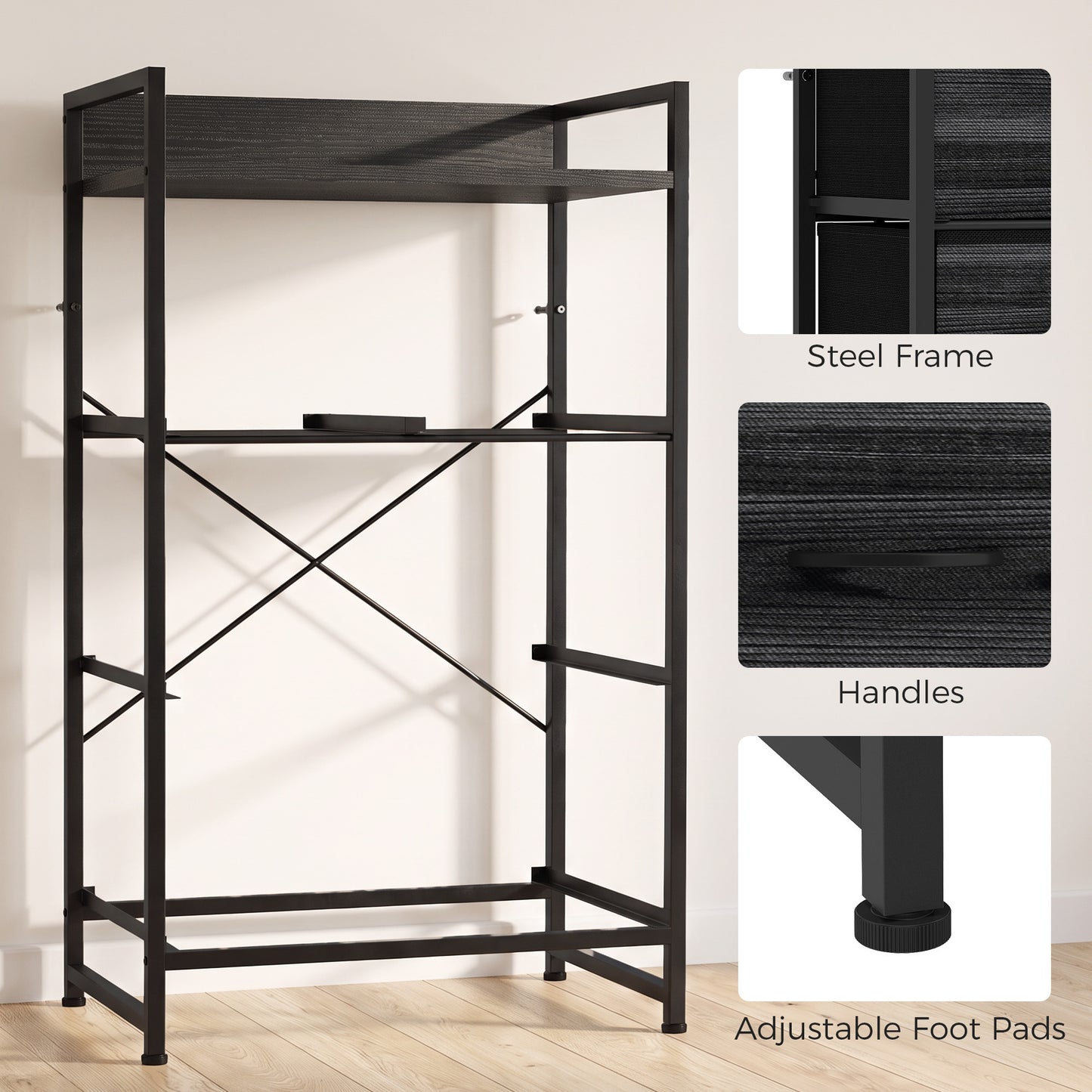 HOMCOM Rustic Chest of Four Fabric Drawers - Black Wood Effect