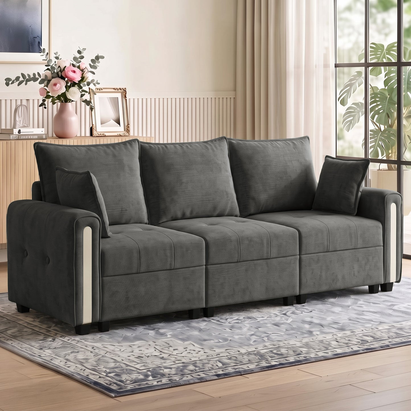 HOMCOM 3 Seater Sofa with Lift-Up Storage, 228cm Comfy Velvet Couch with Wide Deep Seat, Dark Grey