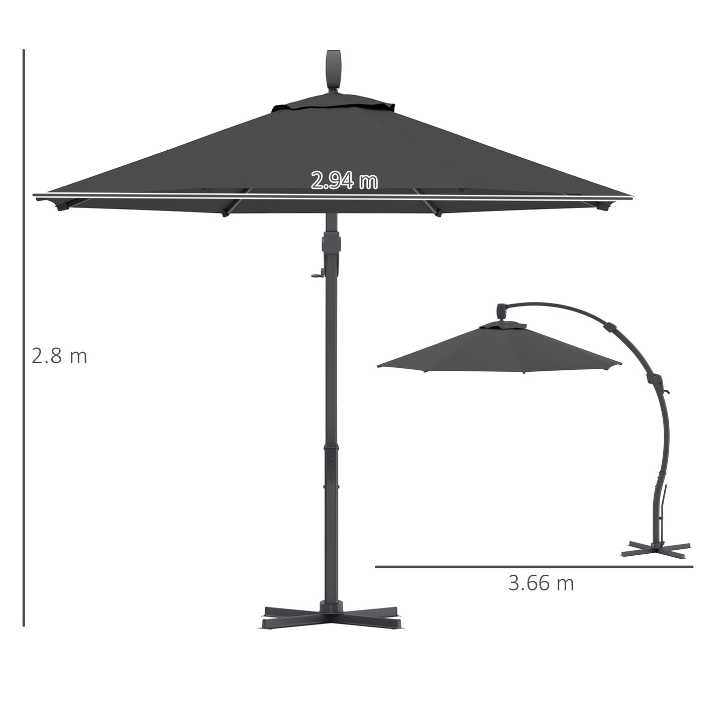 Outsunny Garden Cantilever Parasol, Round Umbrella with Crank, Cross Base, Aluminium Frame, 360° Rotation for Outdoor Sun Shade, Grey
