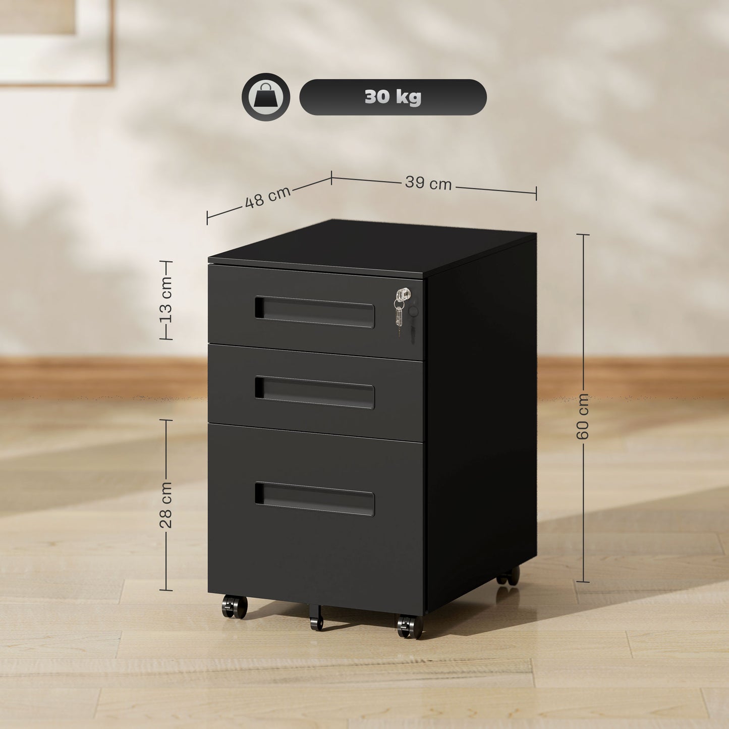 Vinsetto Metal Mobile File Cabinet, Lockable 3 Drawer for A4/Legal/Letter, Pre-Assembled Under Desk Storage, 39x48x60cm, Black