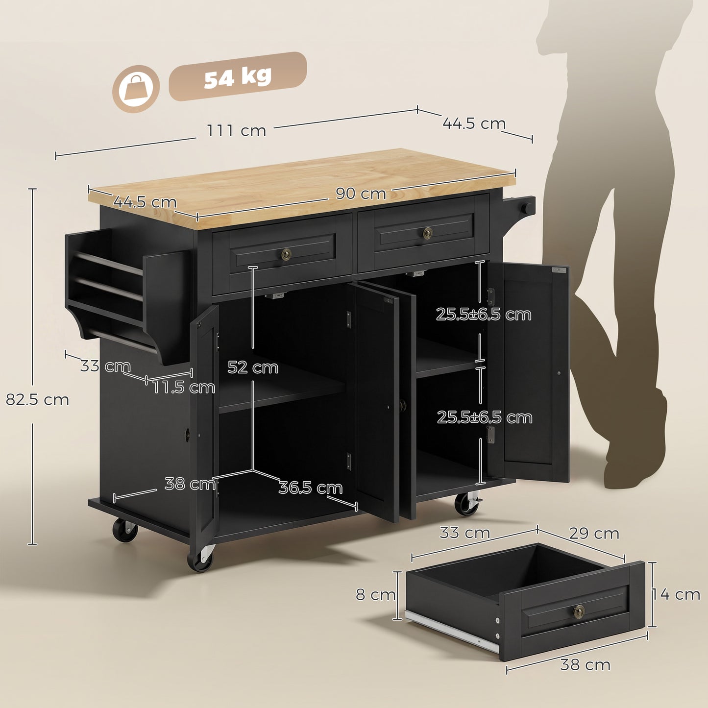 HOMCOM Kitchen Island on Wheels, Rolling Kitchen Trolley with Rubberwood Top, 2 Drawers, Adjustable Shelves, Black
