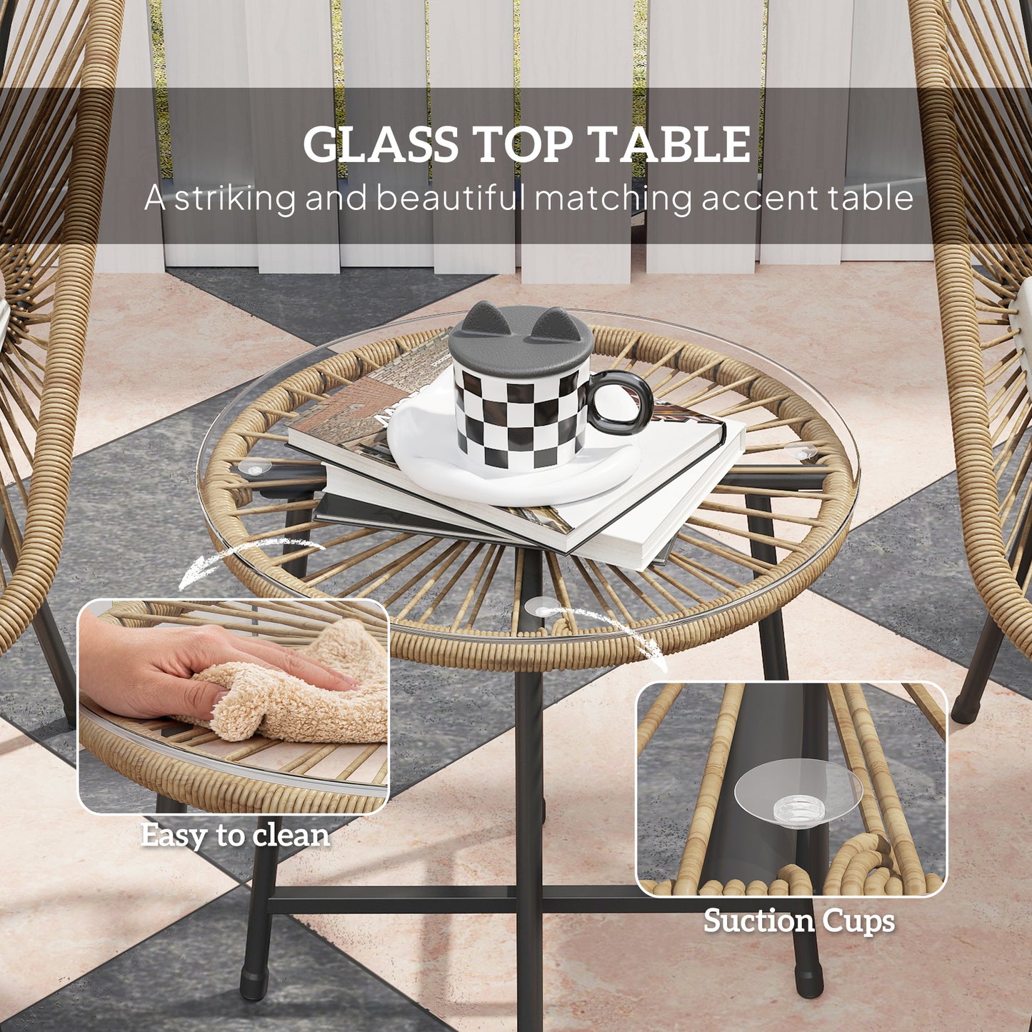 Outsunny 3-Piece Rattan Bistro Set, Garden Table & Chairs with Cushions, Glass Top for Patio/Balcony