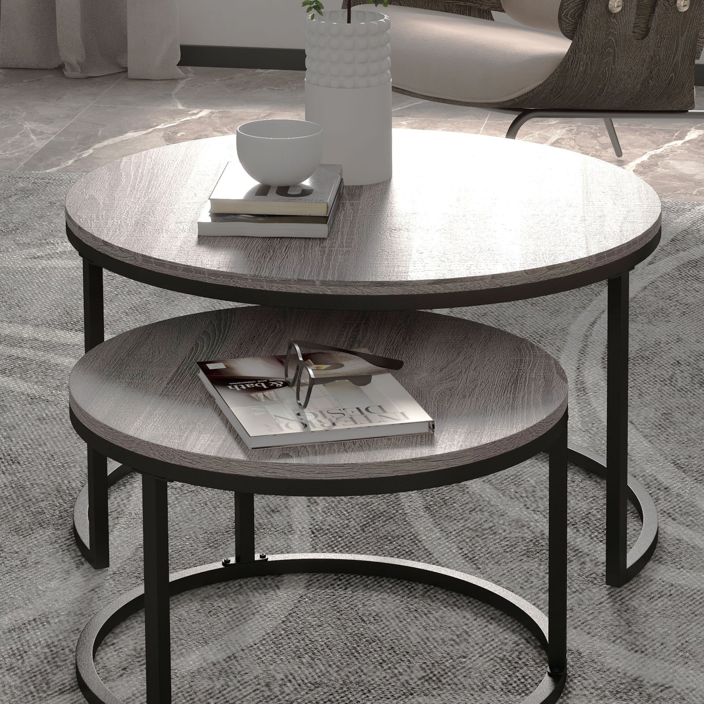 HOMCOM Two Piece Nesting Coffee Tables - Wood Effect/Black