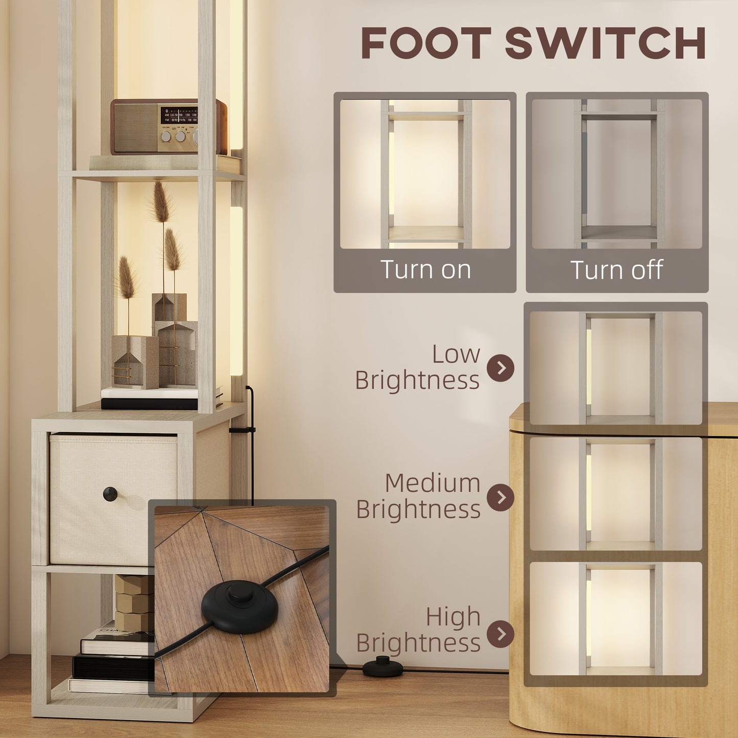 HOMCOM Floor Lamp with Shelves, LED Column Modern Standing Lamp, Adjustable Brightness, Foot Switch, Fabric Drawer, Oak