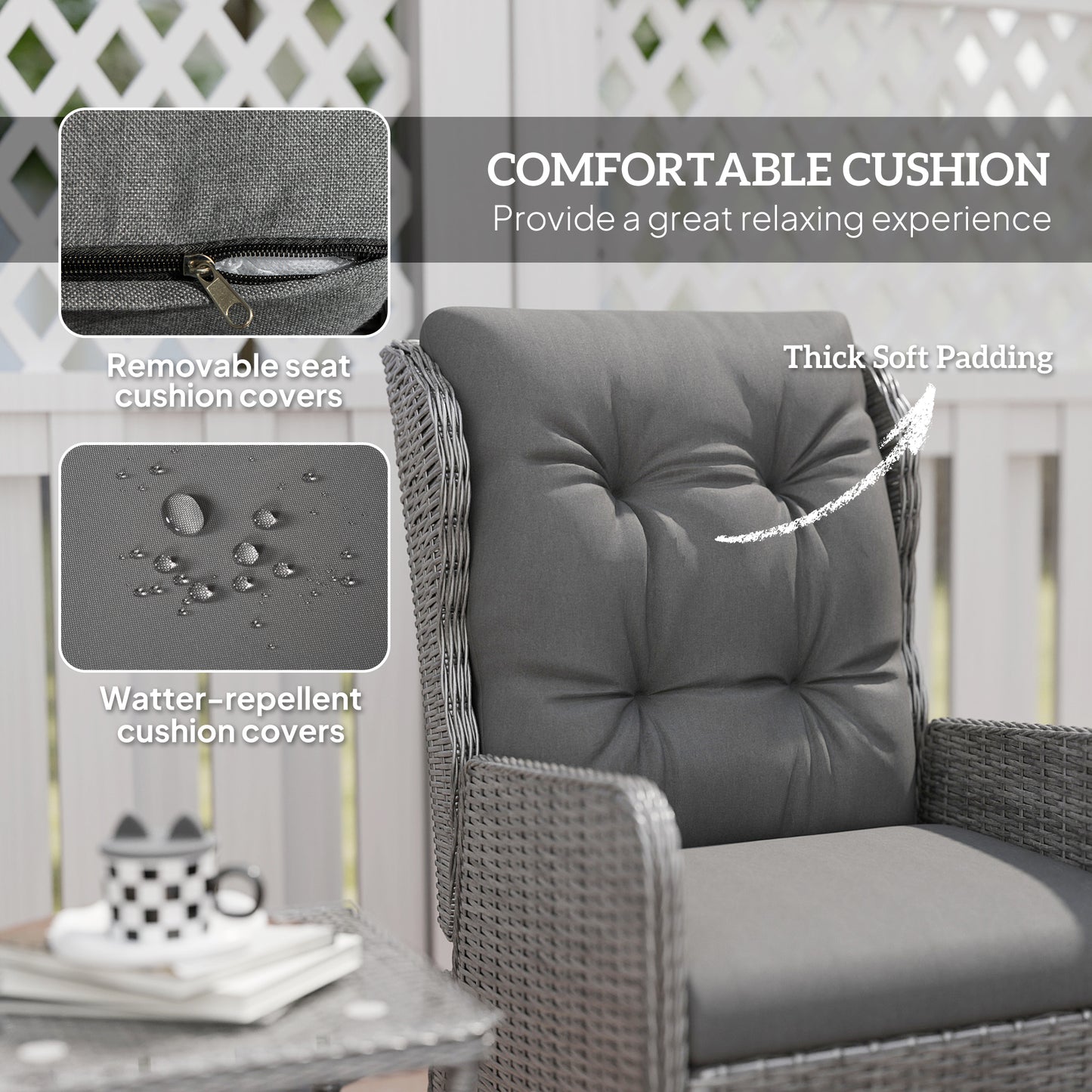 Outsunny 5pc Rattan Bistro Set: Reclining Wicker Furniture with Cushions, Glass Table & Footstools, Light Grey
