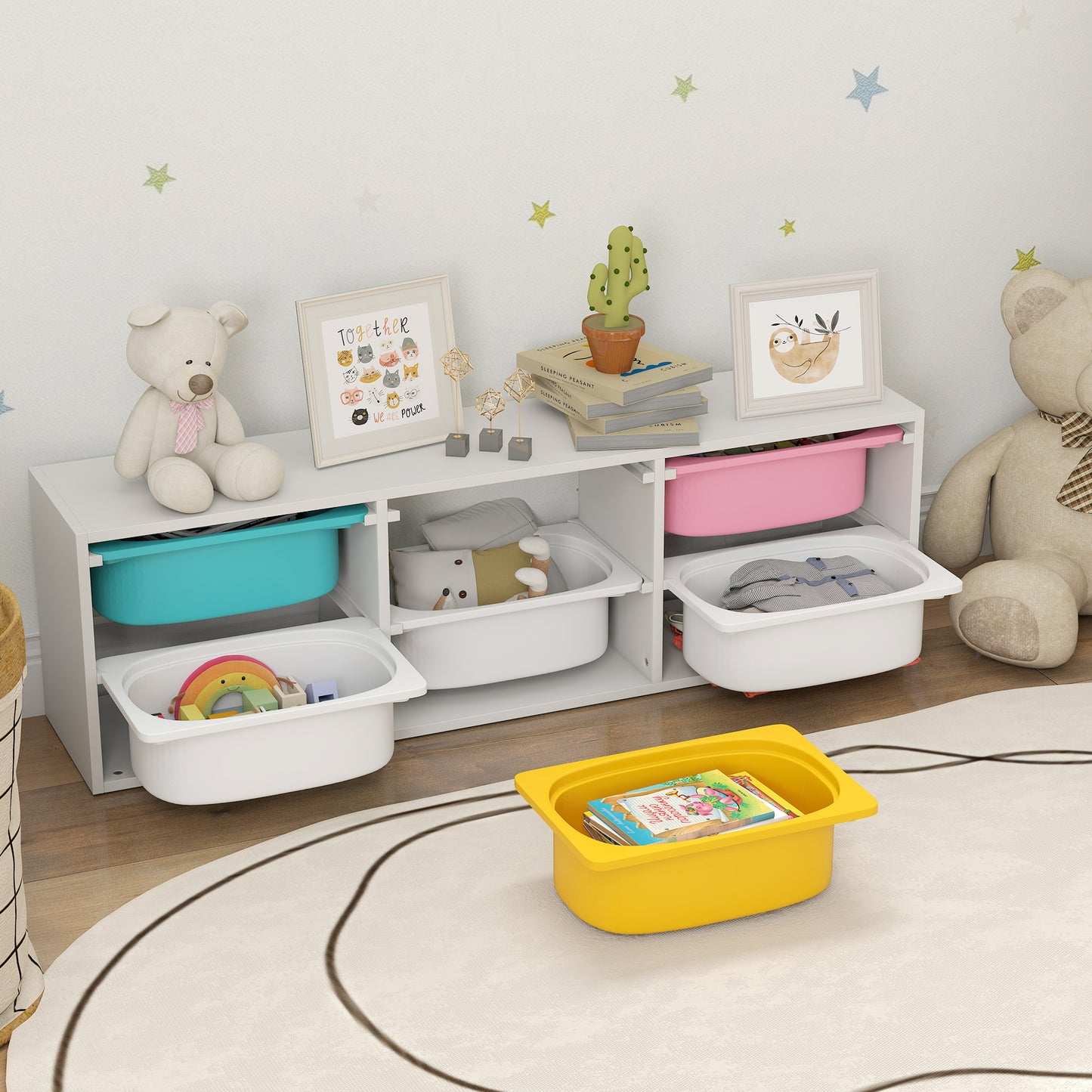 AIYAPLAY Low Height 2 Tiers Storage Organiser, Kids Toy Storage Unit with 6 Removable Bins for Bedroom, Nursery, Playroom