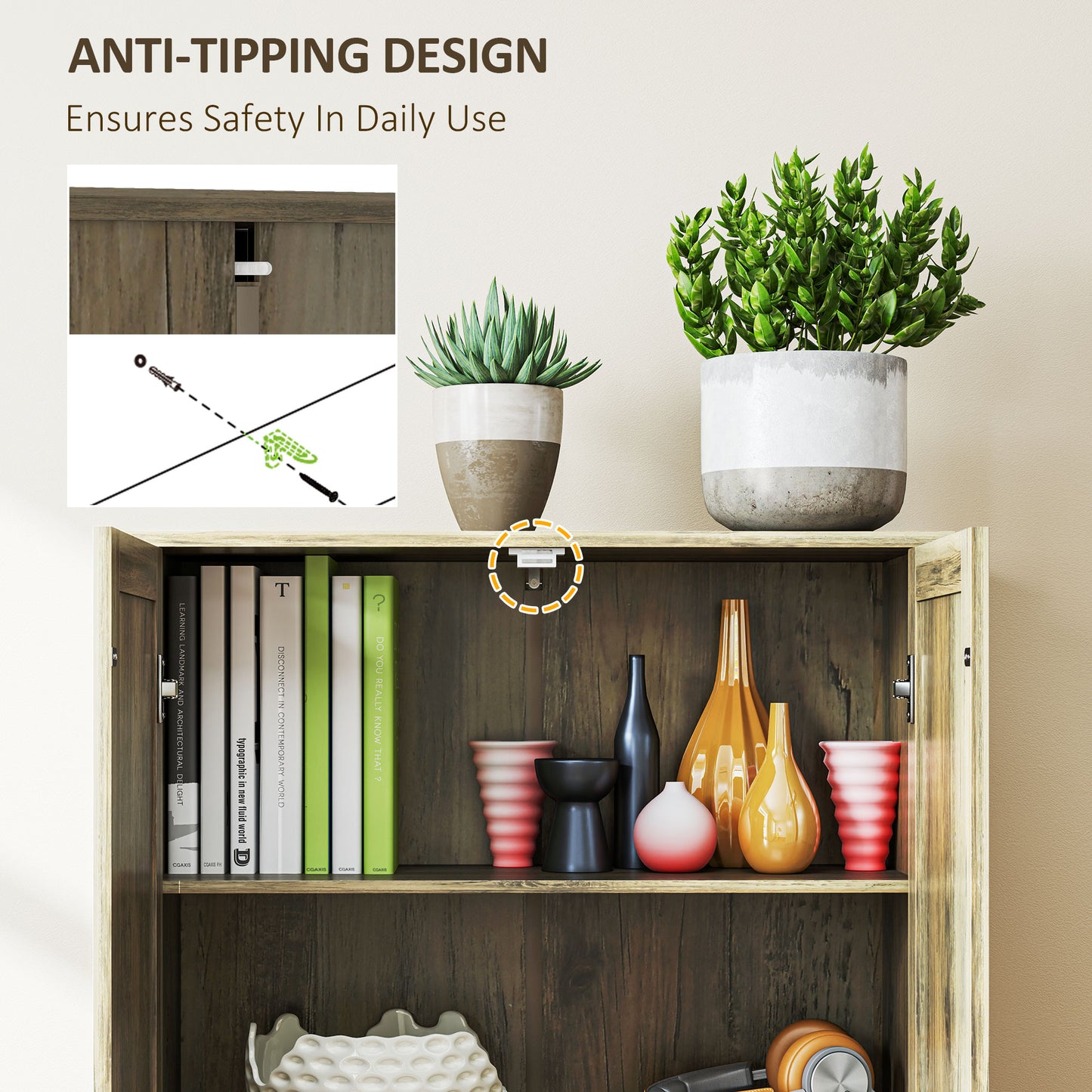 HOMCOM Farmhouse Kitchen Cupboard, Freestanding Storage Cabinet with Adjustable Shelves and Recessed Doors, Grey Wood-Effect