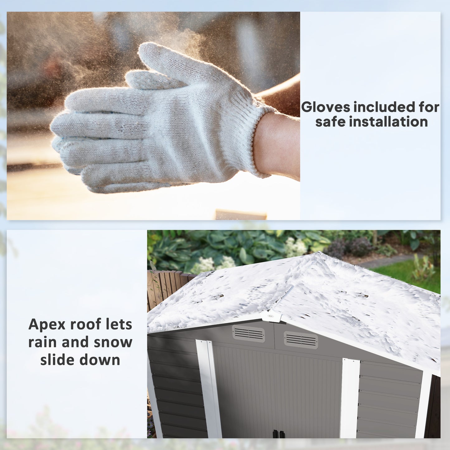 Outsunny Garden Shed, 7x4ft Galvanised Steel Frame, Double Doors with Lock, Vents & Gloves, Foundation Kit Included, Light Grey