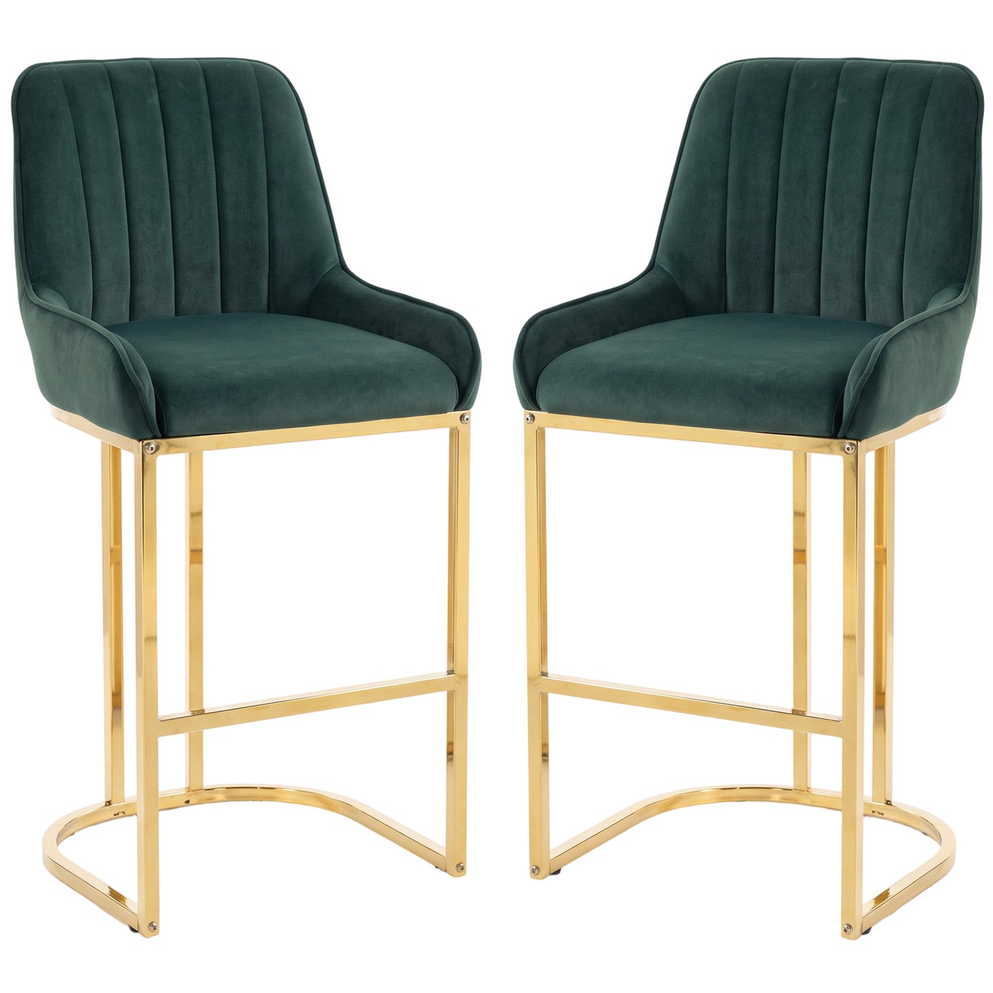 HOMCOM Bar Stools Set of 2 with Backrest, Footrest, Gold Electroplated Legs for Kitchen Island, Dining Room, Dark Green