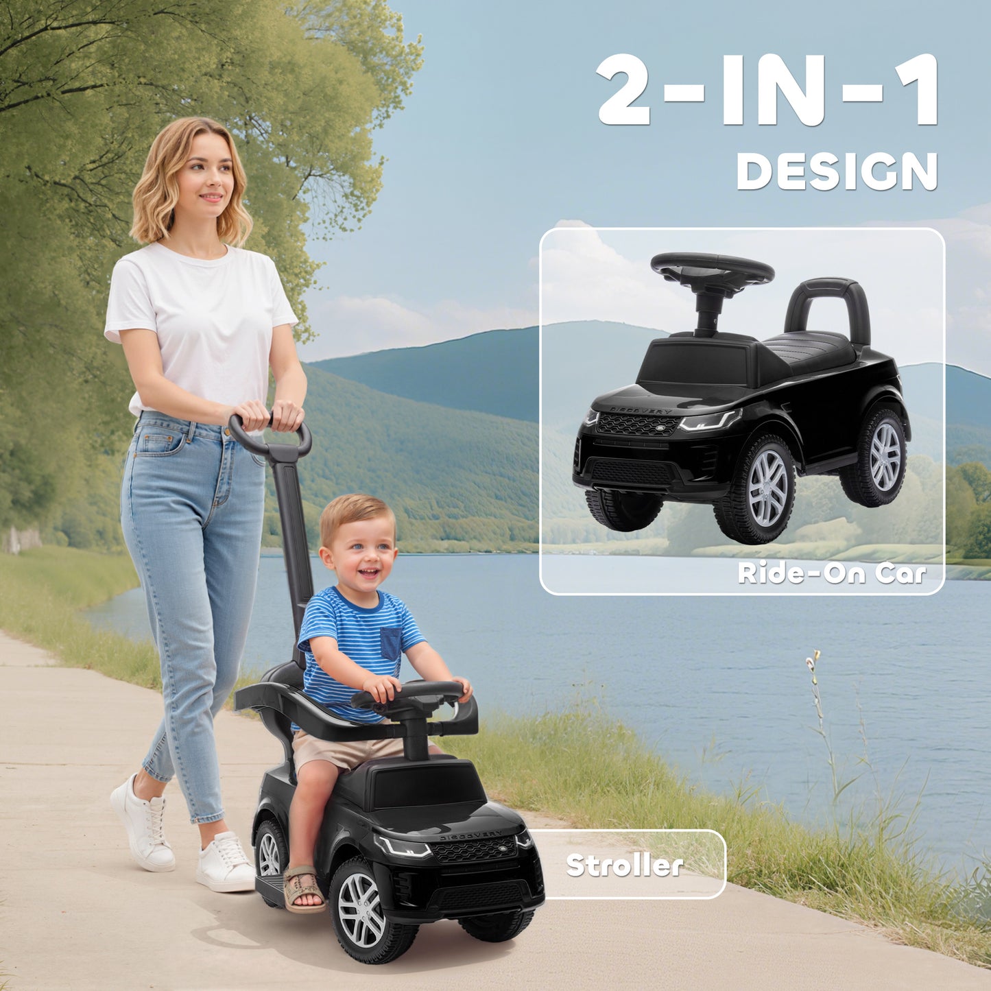 AIYAPLAY LAND ROVER DISCOVERY Licensed Baby Push Car, 2-in-1 Ride on Car with Push Handle and Safety Guardrail, Black