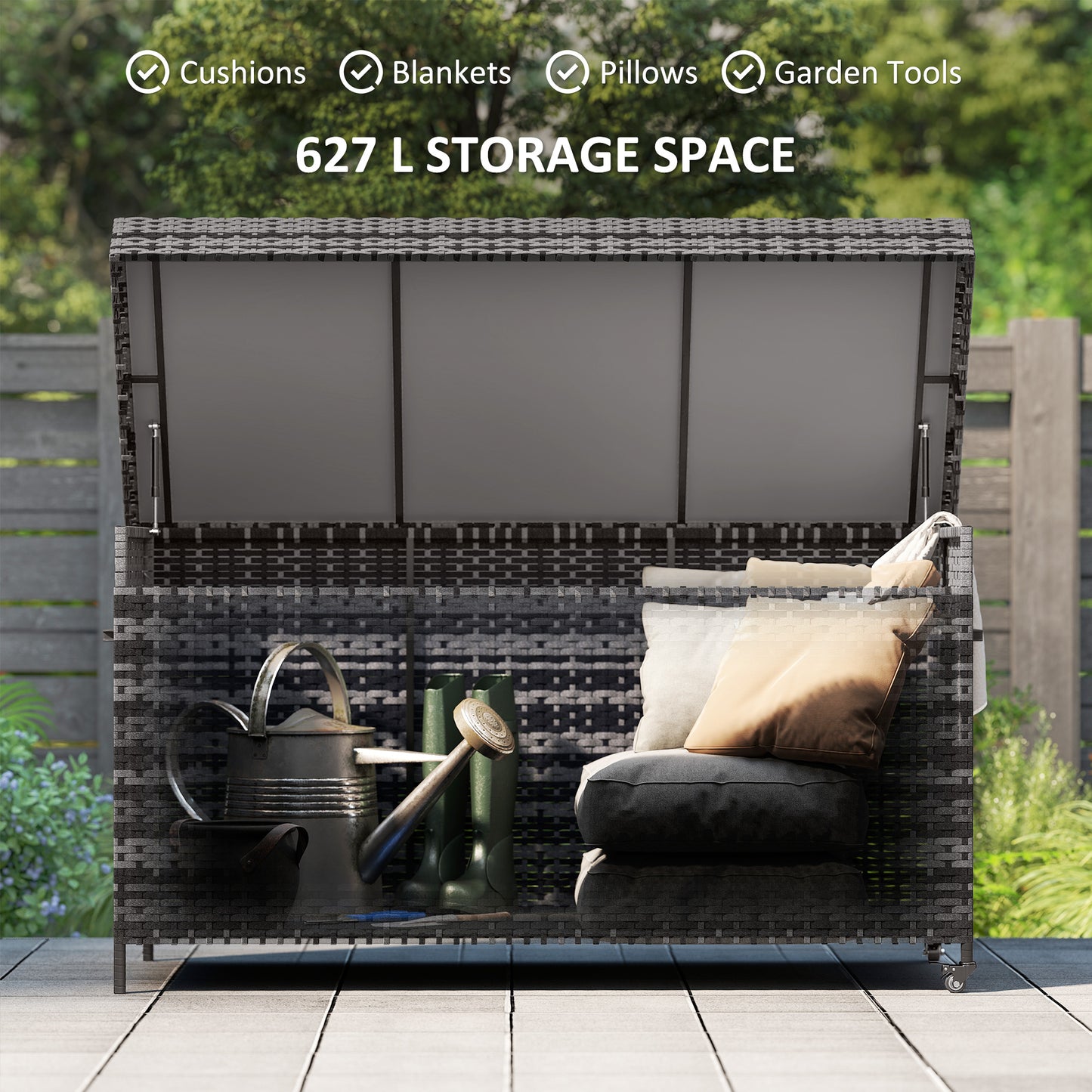 Outsunny 627L Rattan Garden Storage Box, Gas Lift Lid & Wheels, Outdoor Chest for Cushions, Pillows & Tools, Dark Grey