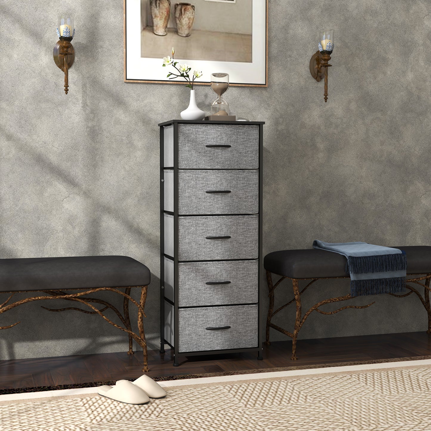 HOMCOM Industrial Dresser with 5 Fabric Drawers, Steel Frame, Wooden Top for Nursery, Living Room, Hallway, Dark Grey