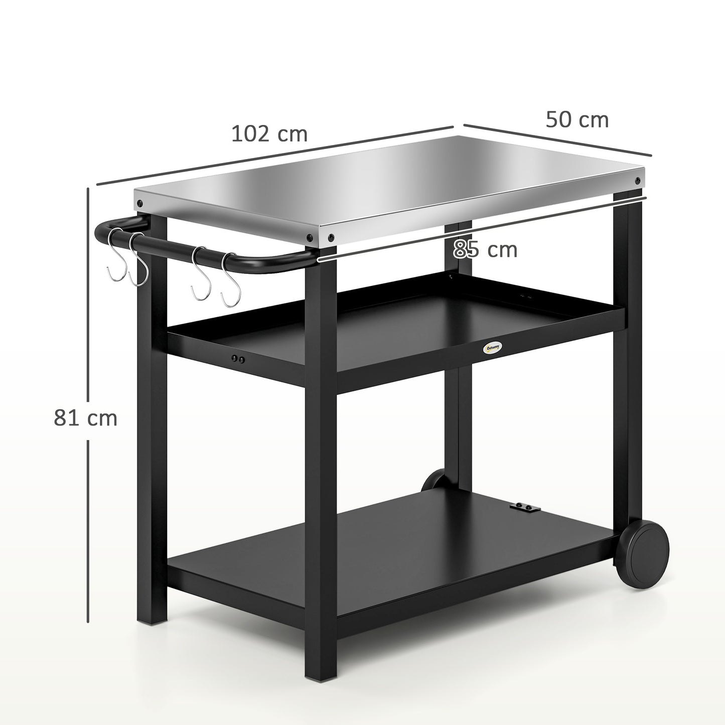 Outsunny Outdoor Grill Dining Cart, 3-Shelf Pizza Oven Table with Stainless Steel Top, Portable BBQ Trolley with Wheels, Charcoal Grey