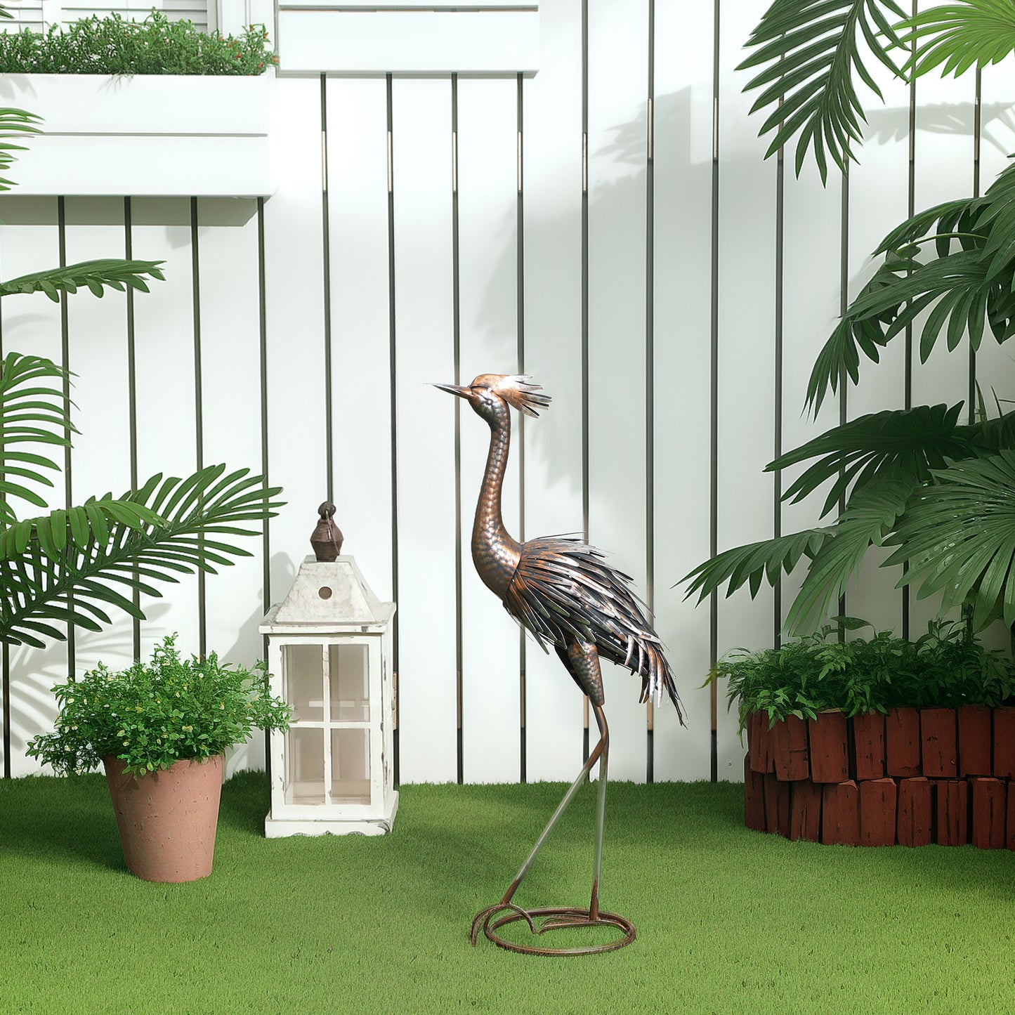 Outsunny Heron Garden Statue, Standing Garden Ornament, Metal Garden Gift with Stakes for Patio Pond Landscape Decoration, Silver Tone