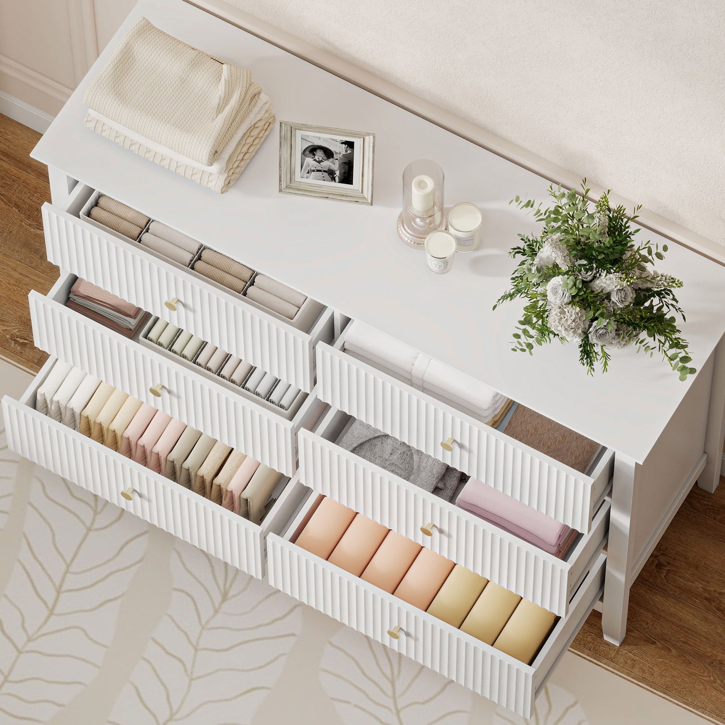 HOMCOM Fluted Dresser, 6 Drawer Chest of Drawers for Bedroom, Living Room, Hallway, Closet, White