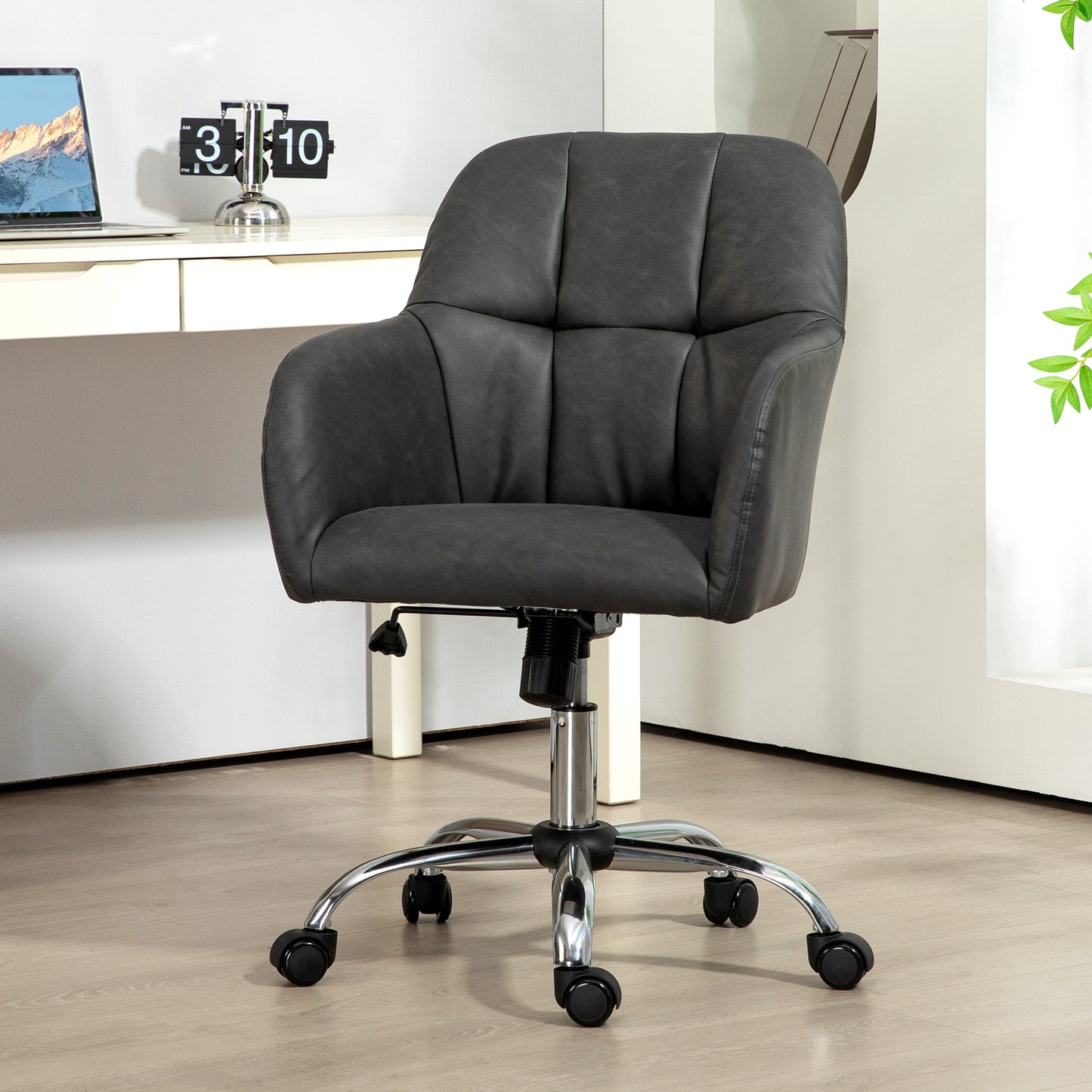 HOMCOM Computer Desk Chair, PU Leather Swivel Office Chair, Makeup Vanity Chair with Height Adjustable, Wheels, for Home Study Bedroom, Grey
