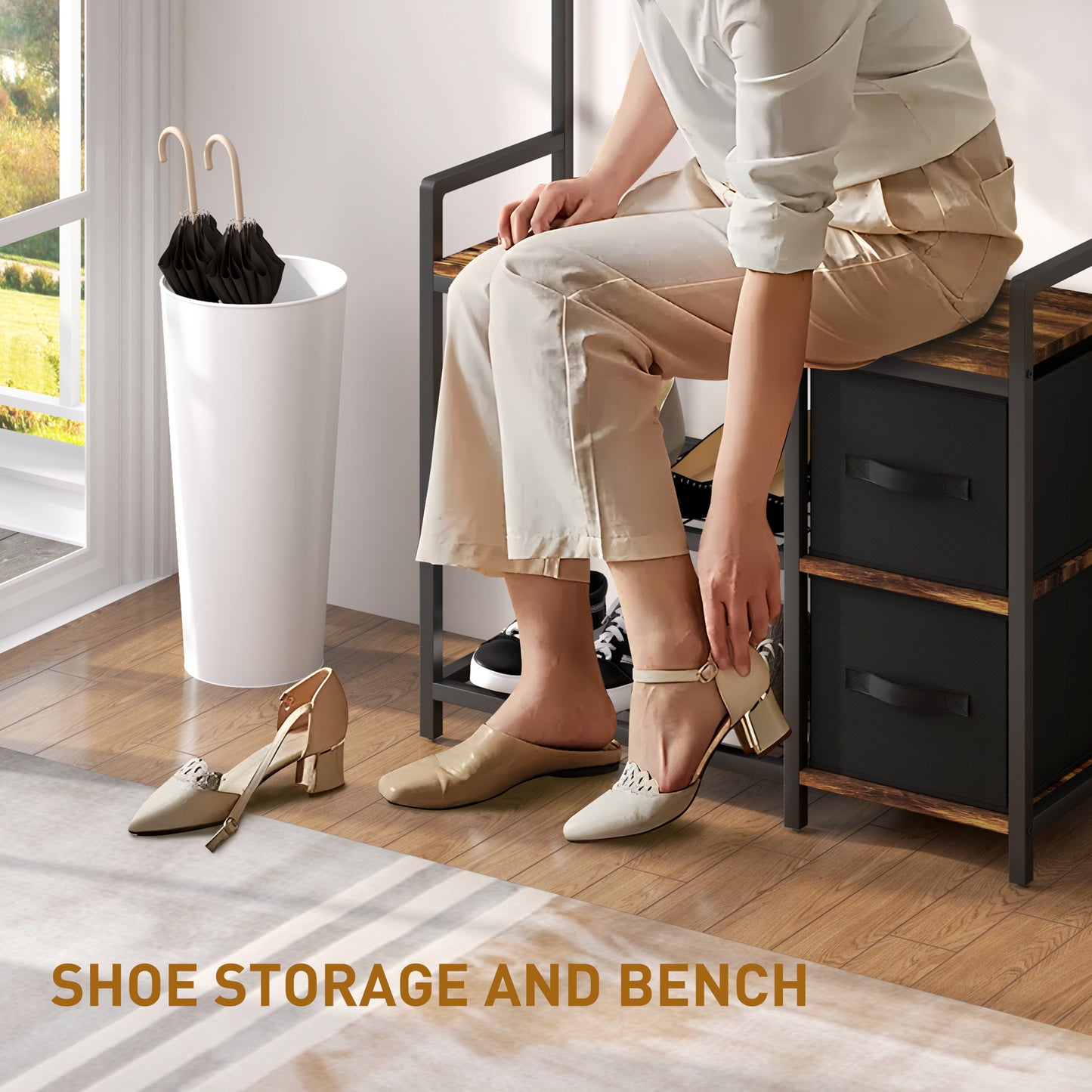 HOMCOM Coat Rack with Bench and Shoe Storage, Rustic Brown