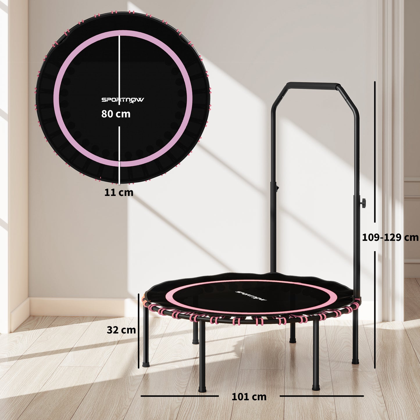 SPORTNOW 40'' Foldable Fitness Trampoline, Mini Bungee Rebounder with 5-Level Adjustable Handle for Adults, Indoor/Outdoor Exercise, Pink