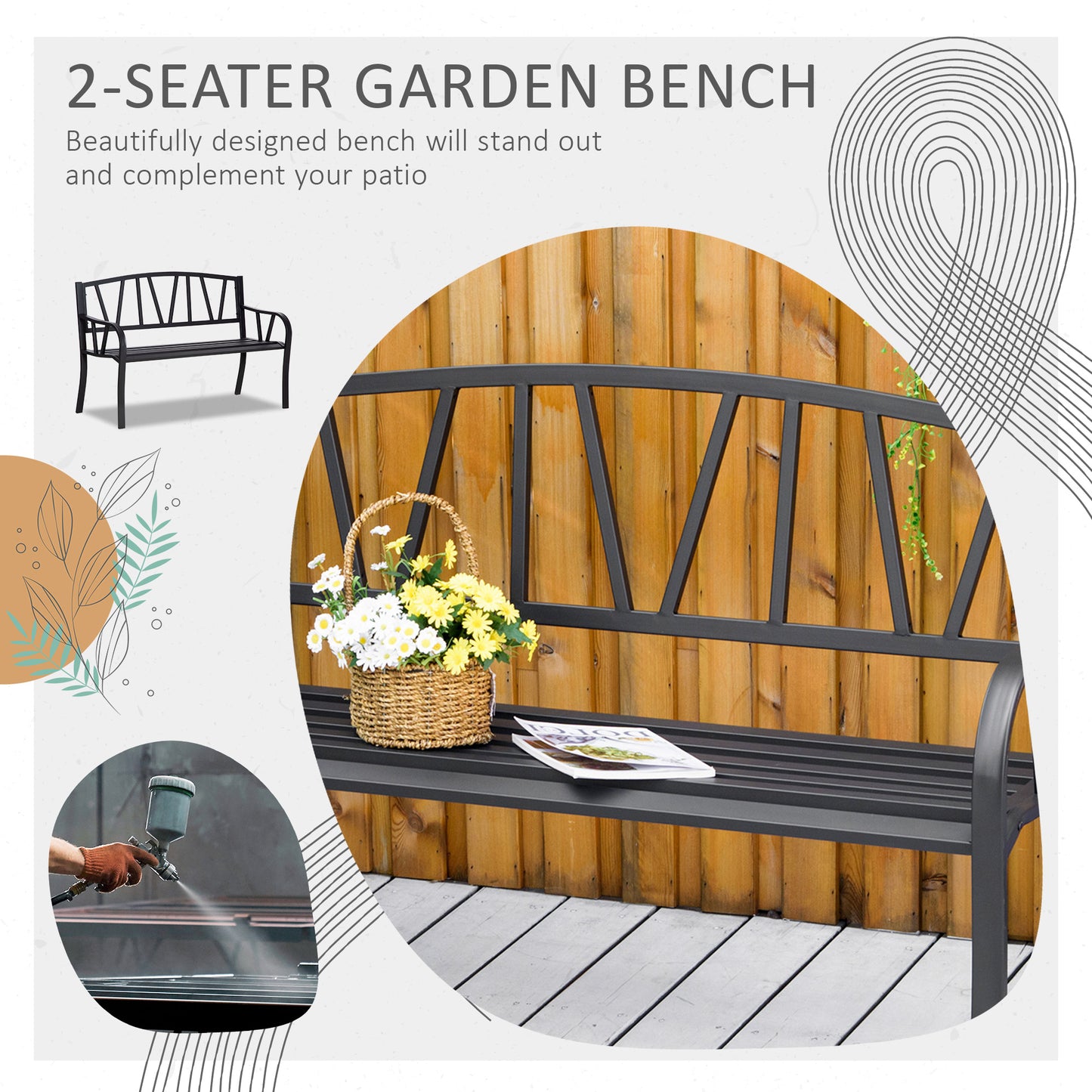 Outsunny 2-Seater Metal Garden Bench, Loveseat with Cushions, Slatted Backrest & Armrests, Cream White/Black