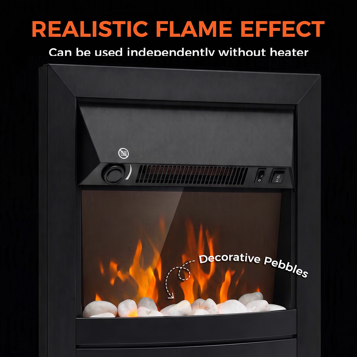 HOMCOM Electric Fireplace Stove Freestanding/Inset, 2000W, Electric Fire with LED Flame, Pebbles, Adjustable Thermostat, Black