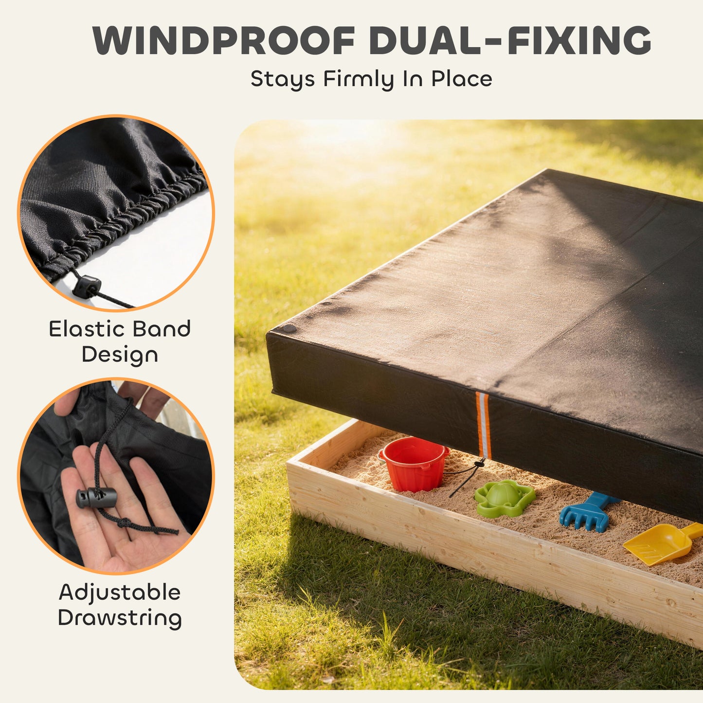 AIYAPLAY Sandbox Cover, Square Sandpit Cover Waterproof Dustproof UV Protection, Sandbox Canopy with Drawstring and Elastic Band Black