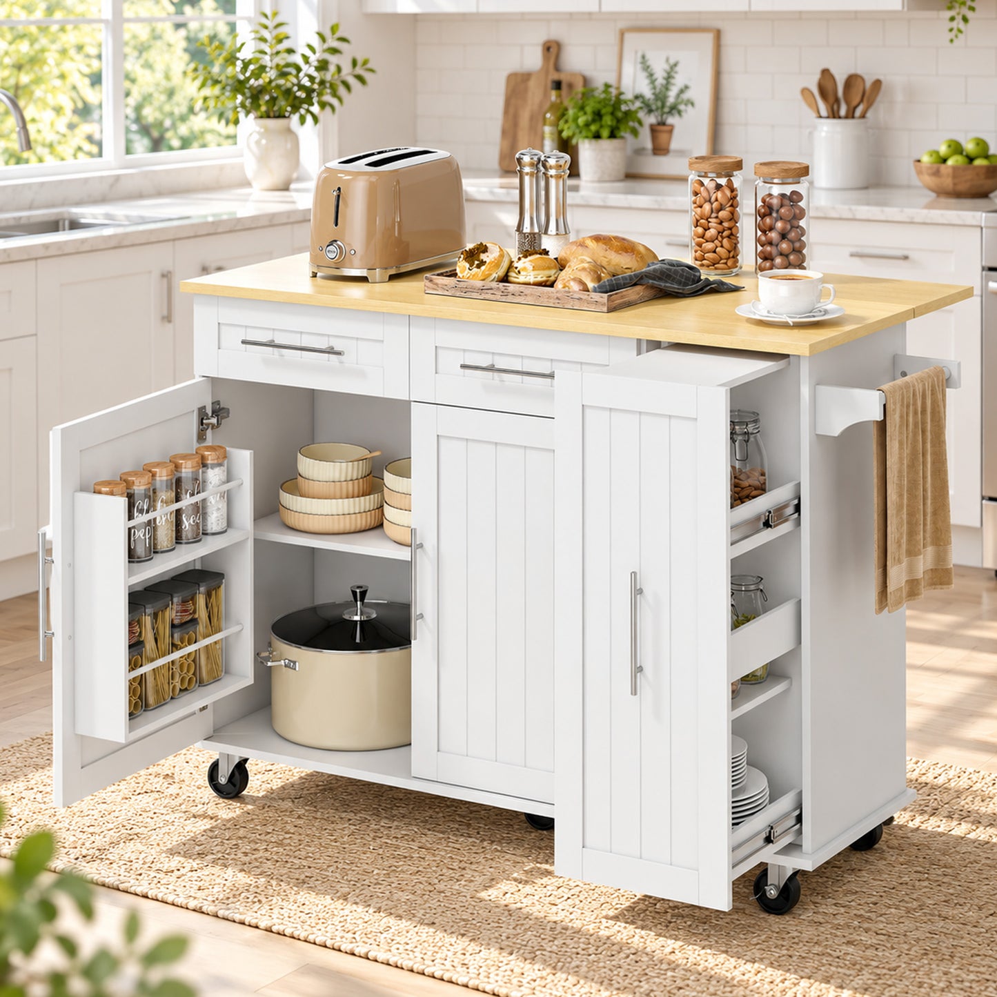 HOMCOM Kitchen Island, Rolling Kitchen Cart with Drop Leaf, Storage Trolley, Pull-out Storage, Drawers and Towel Rack, White