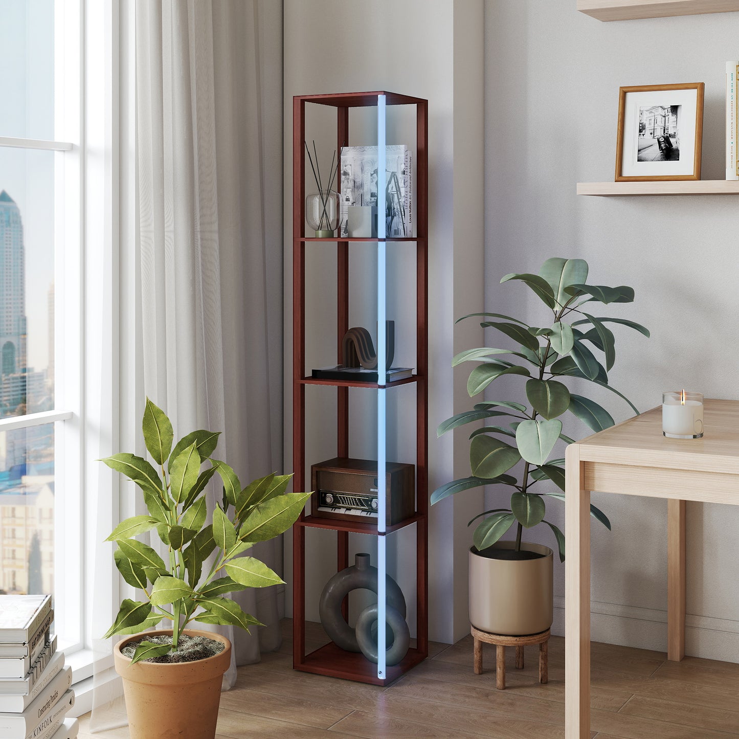 HOMCOM Floor Lamp with Shelves, RGB LED, Dimmable, Remote-Controlled, Adjustable Brightness & Speed, for Living Room/Bedroom/Office, Brown