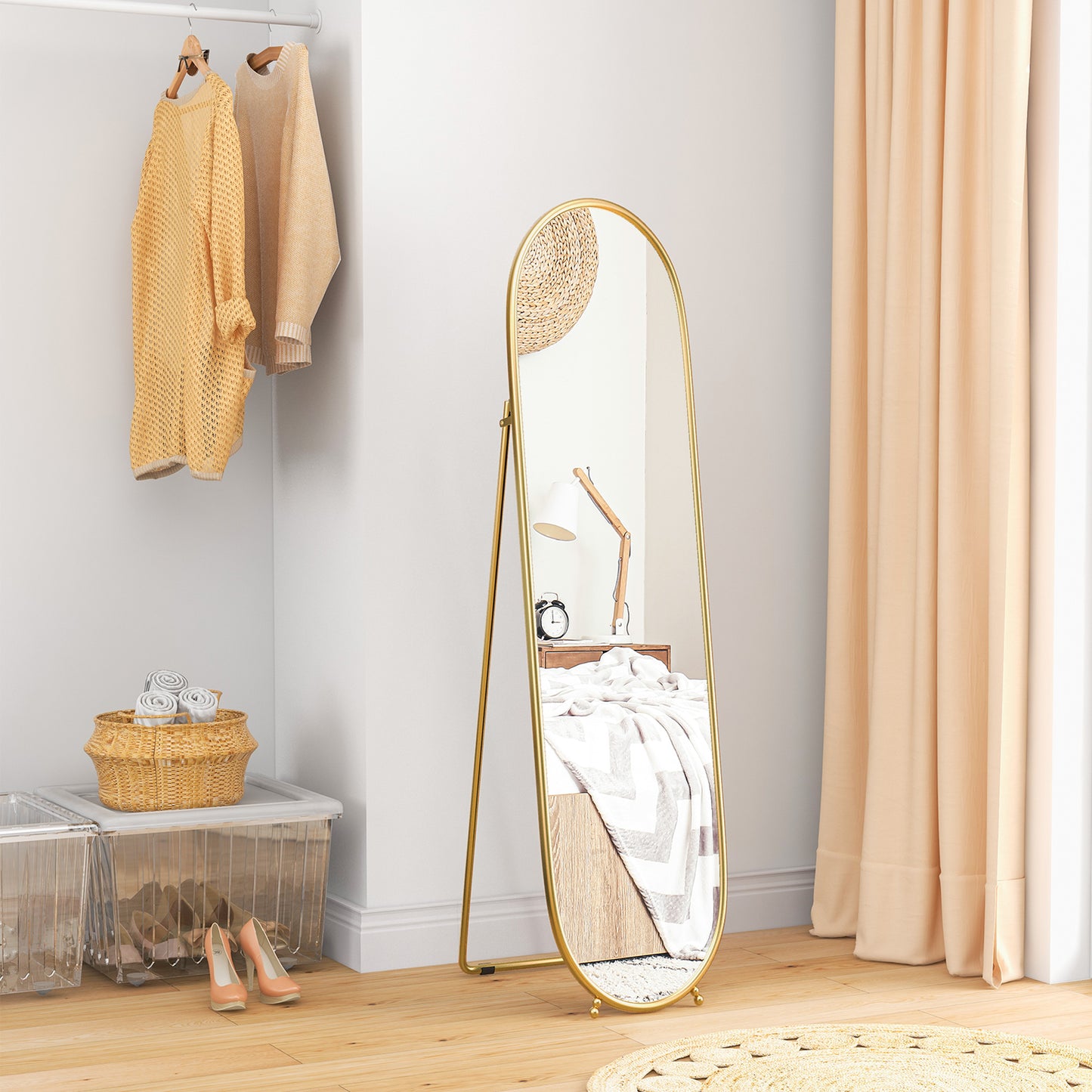 HOMCOM 40 x 160cm Full Length Mirror, Floor Standing, Wall-Mounted or Leaning Against Wall Tall Mirror with Support Frame, Oval Full Body Mirror for Bedroom, Living Room, Gold Tone