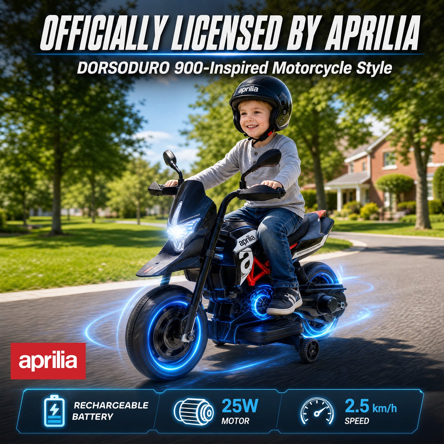 AIYAPLAY 6V Kids Electric Motorbike with Training Wheels, Headlight, Music, Horn for 80-110 cm Height, 18 Months-4 Years, Black