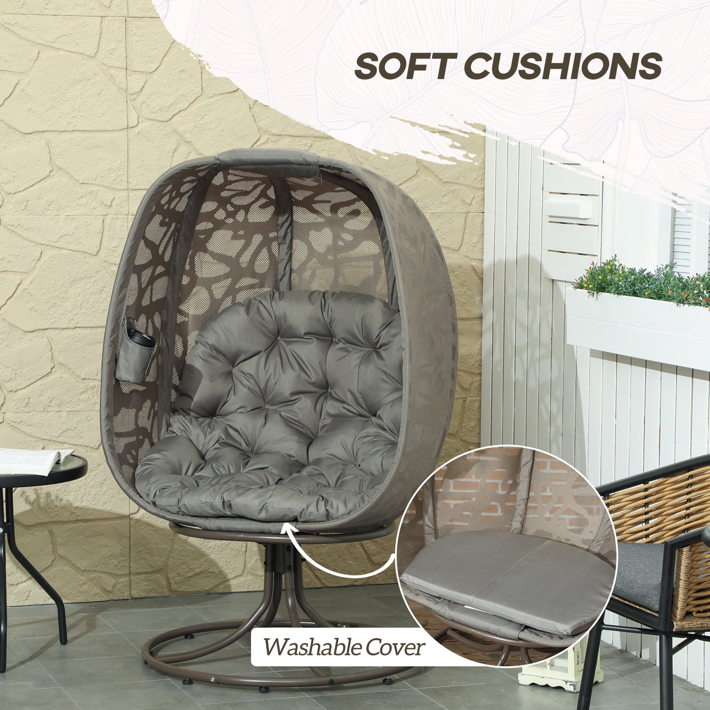 Outsunny Swivel Egg Chair w/ Cushions, Foldable Basket Seat & Metal Frame, Indoor/Outdoor, Sand Brown