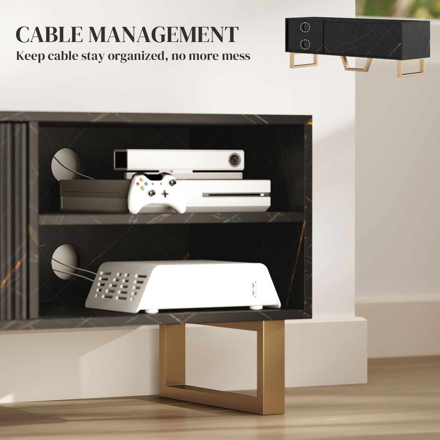 HOMCOM TV Stand Cabinet, Marble Effect, Fits up to 70" TVs, Modern Design with Shelves, Storage, Fluted Door, Cable Management, Black