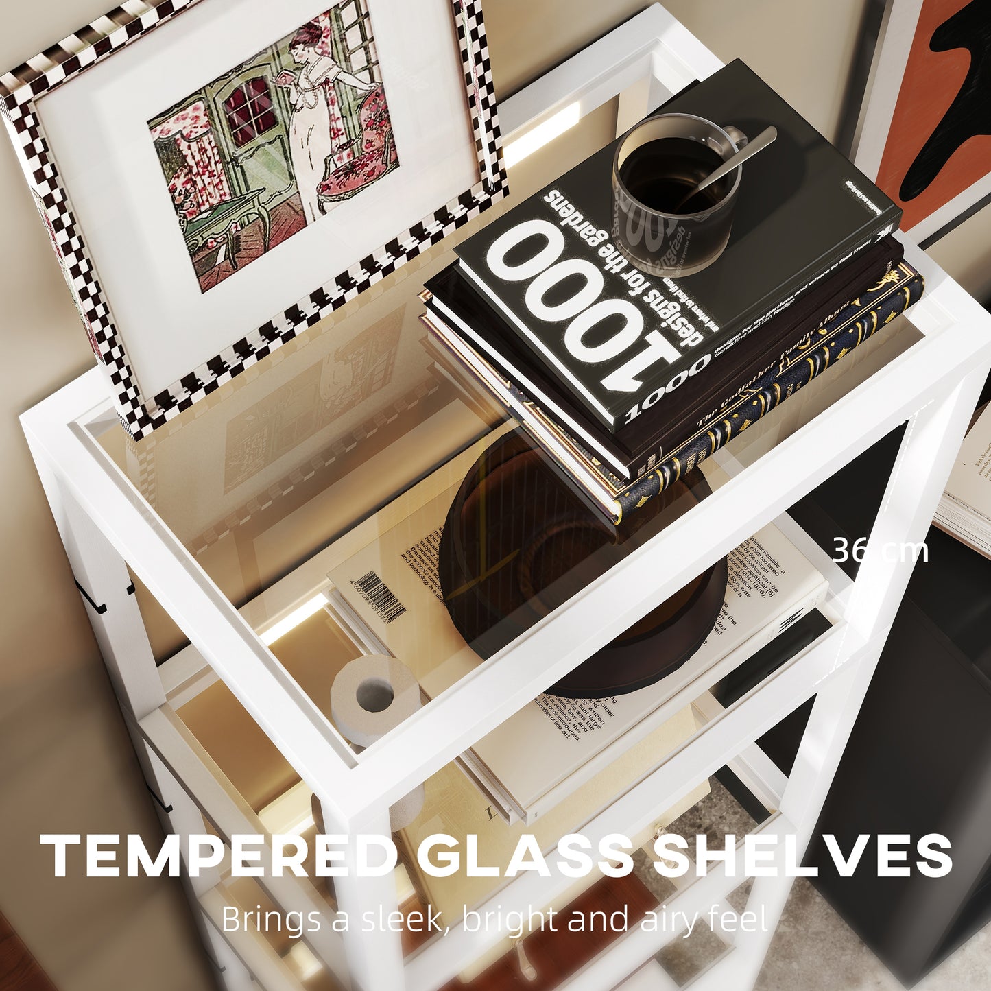 HOMCOM LED Dimmable Floor Lamp with 4 Glass Shelves, Modern Tall Standing Lamp for Living Room, Bedroom, Office, White