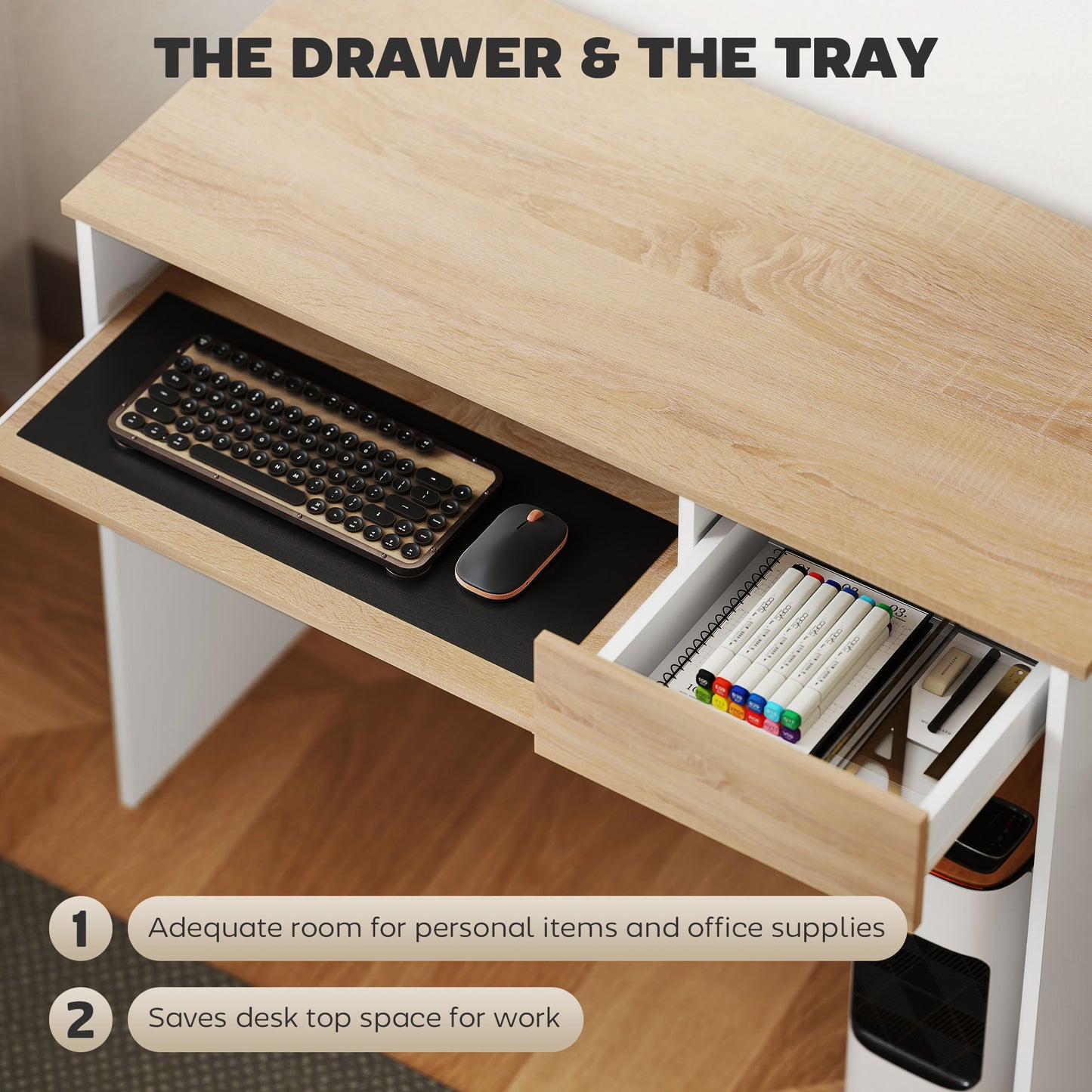 HOMCOM Compact Computer Desk with Keyboard Tray, Home Office Desk with Drawer for Bedroom Study, Oak