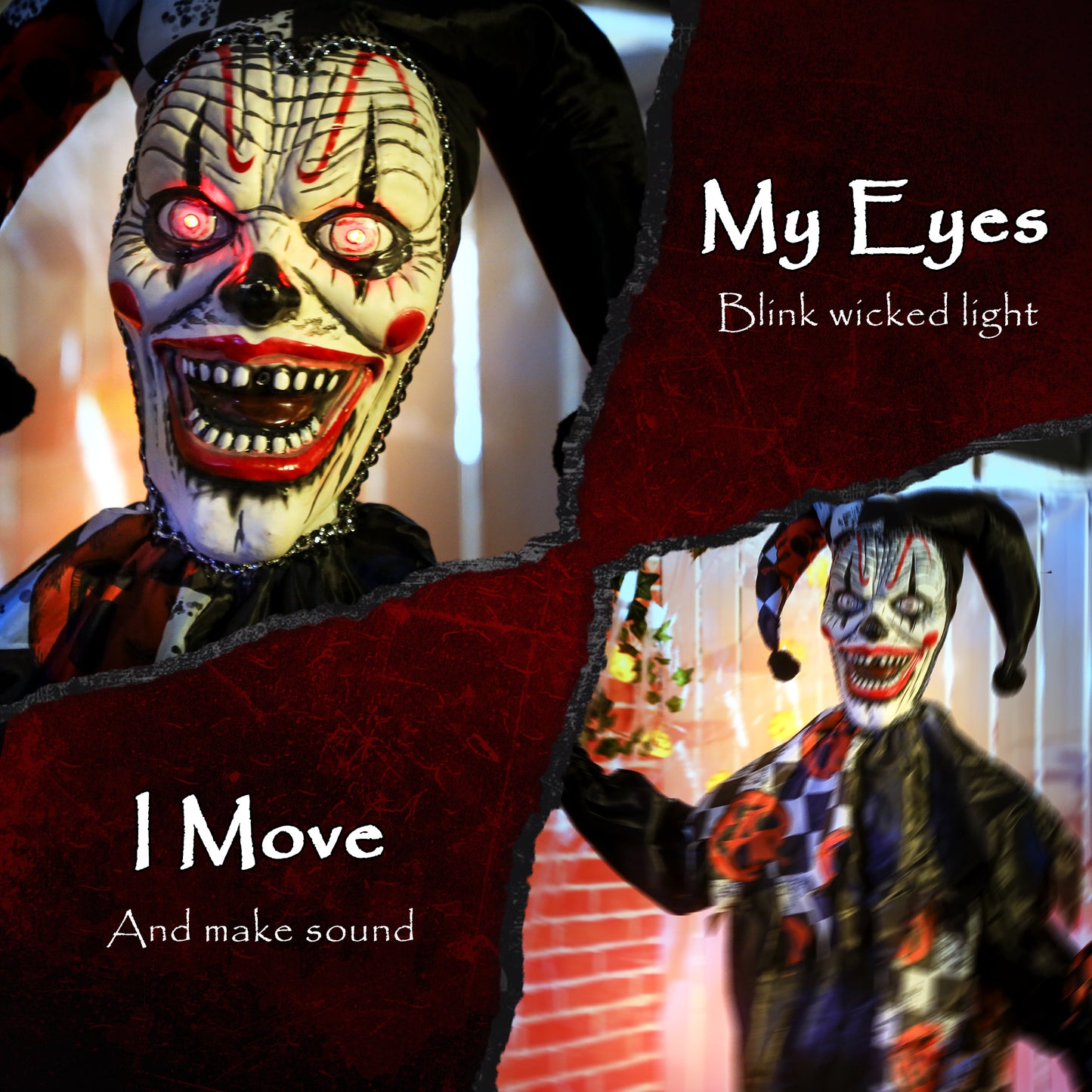 Outsunny Life Size Animated Clown & Skull Staff, Red Light Eyes, Sound-Activated Moving Arms & Head, Halloween Decor, Battery Operated, 183 cm, Red.