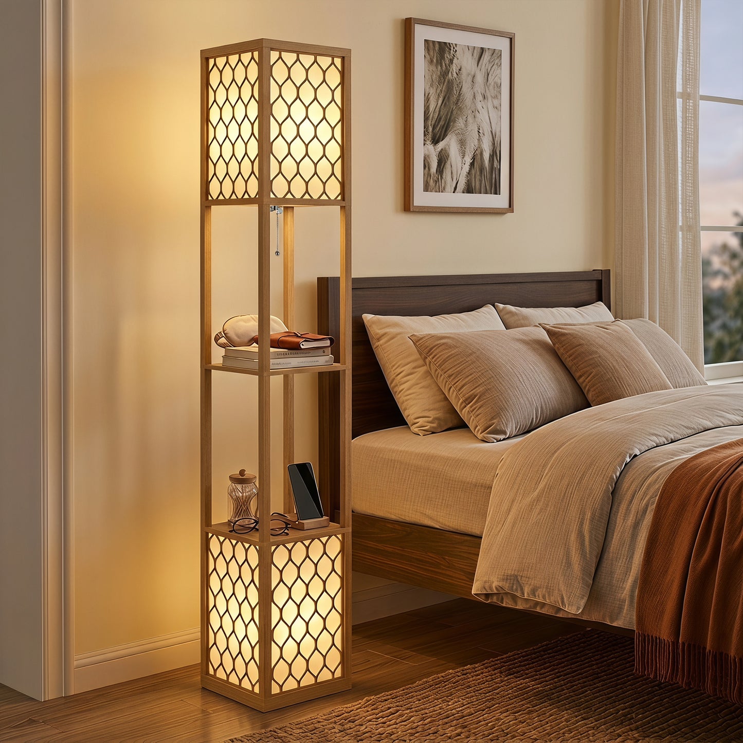 HOMCOM Duo Light Floor Shelves - Natural Wood Finish