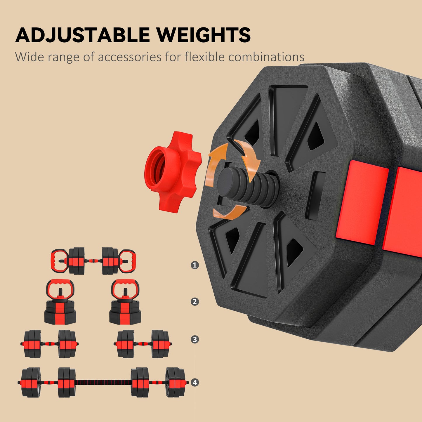 SPORTNOW 4-in-1 Adjustable Weight Set, Kettlebell, Barbell, Dumbbell, Push-Up Stand, 30kg Home Gym Training for Men & Women, Red