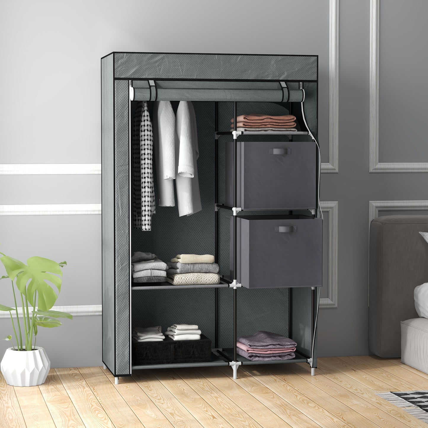 HOMCOM Fabric Wardrobe, Portable Clothes Storage with 5 Compartments, Hanging Rail, 2 Drawers, 102x42.5x162.5cm, Dark Grey