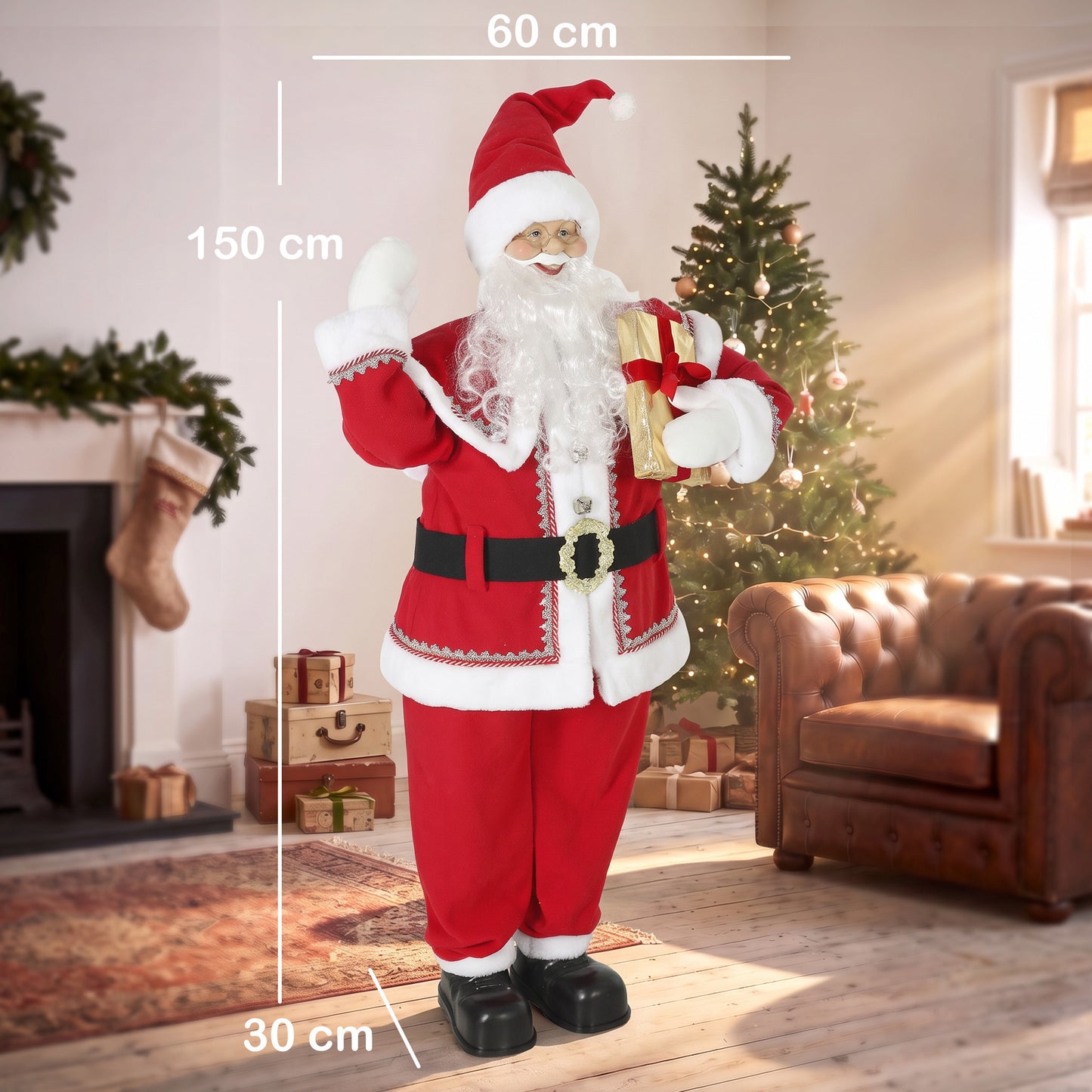 HOMCOM 5ft Life Size Singing Santa Claus, Animated Santa with Rotating Head, Waving Hand, Posable Arms, Sound Touch Activated