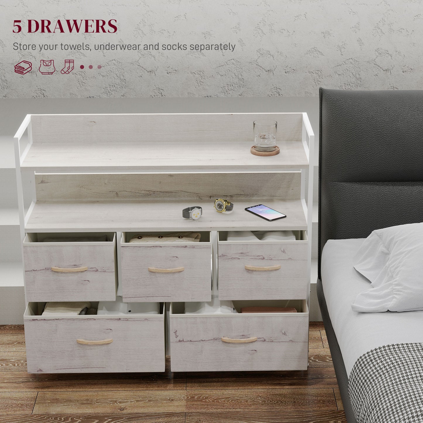 HOMCOM Rustic Chest of Five Fabric Drawers - Natural