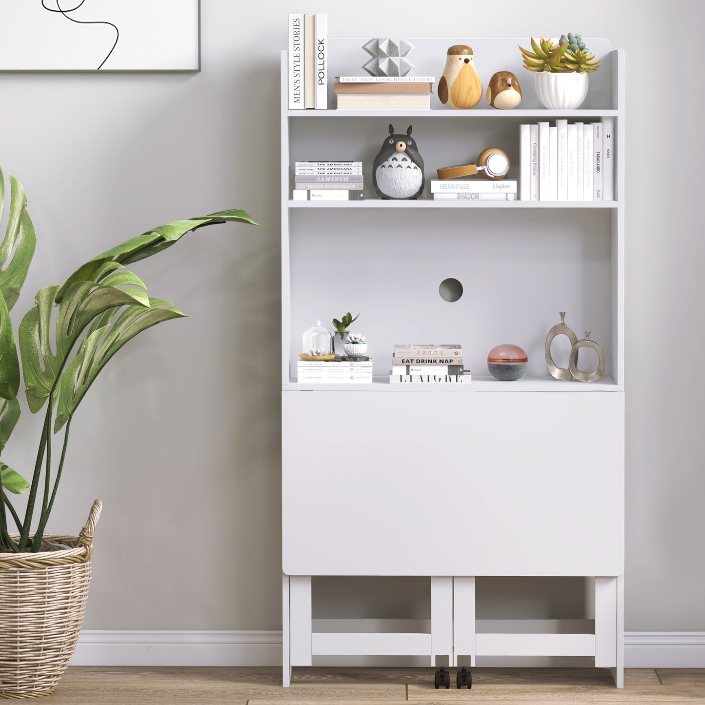 HOMCOM Computer desk with storage shelves, foldable top, 2 casters for bedroom & living room 80 x 69 x 155 cm white