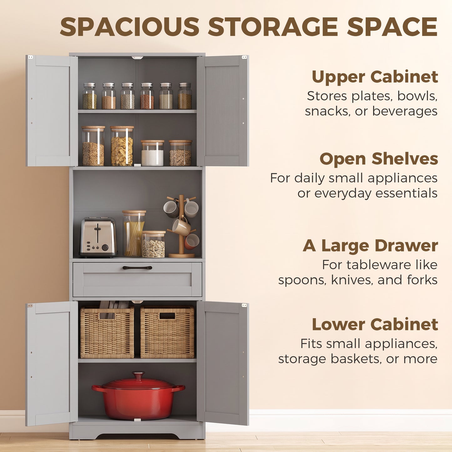 HOMCOM 170 cm Tall Kitchen Pantry with Adjustable Shelves, Freestanding Storage Cabinet with Open Shelf, Grey