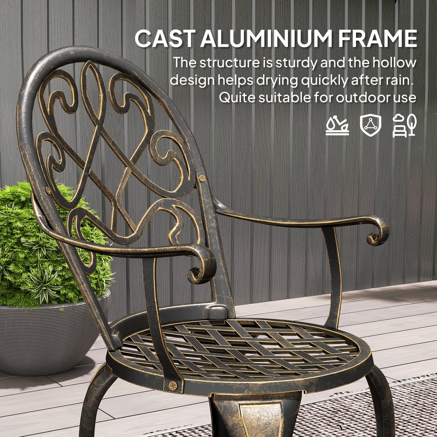 Outsunny 3 Piece Patio Bistro Set for 2, Outdoor Aluminium Garden Table and Chairs with Adjustable Footpads for Balcony, Garden and Patio, Bronze Tone