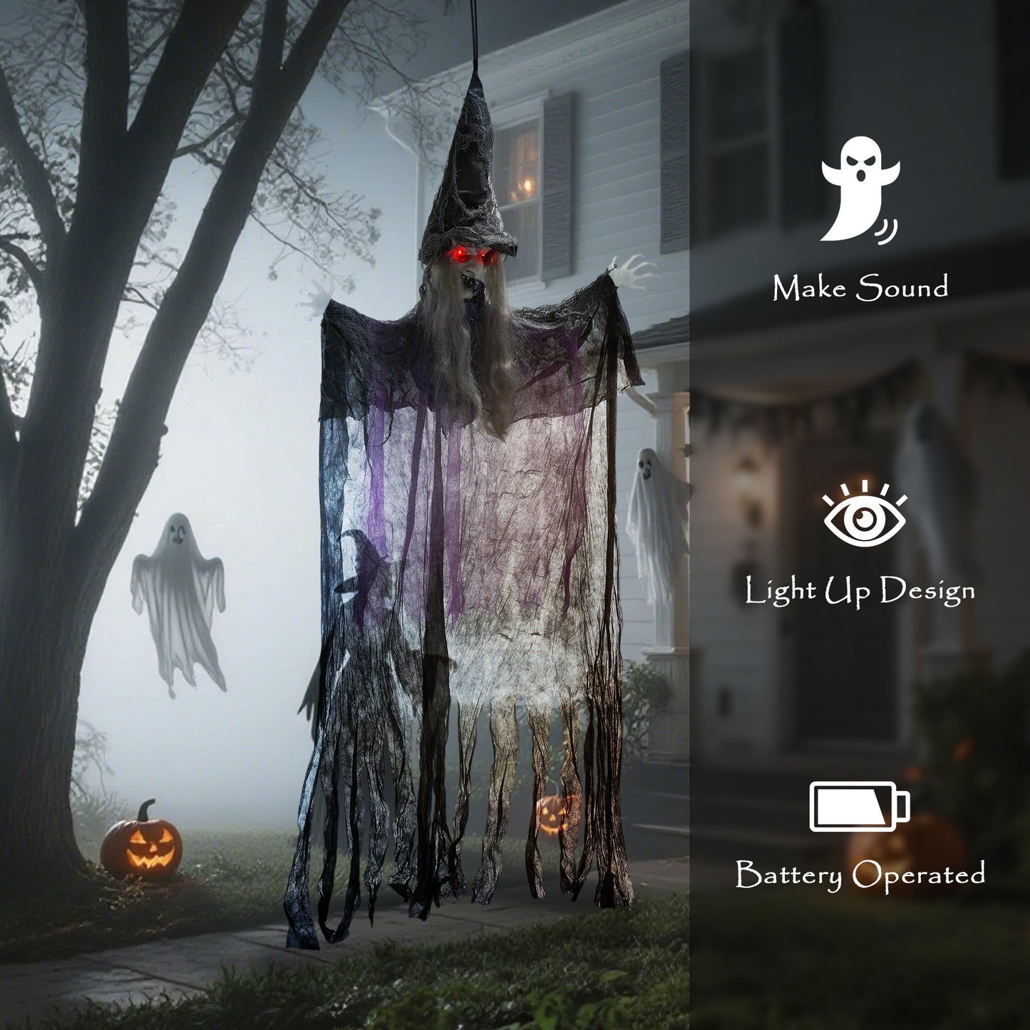Outsunny 183 cm Life Size Halloween Animated Witch with Glowing LED Eyes, Battery Operated, Indoor Party Props, Black