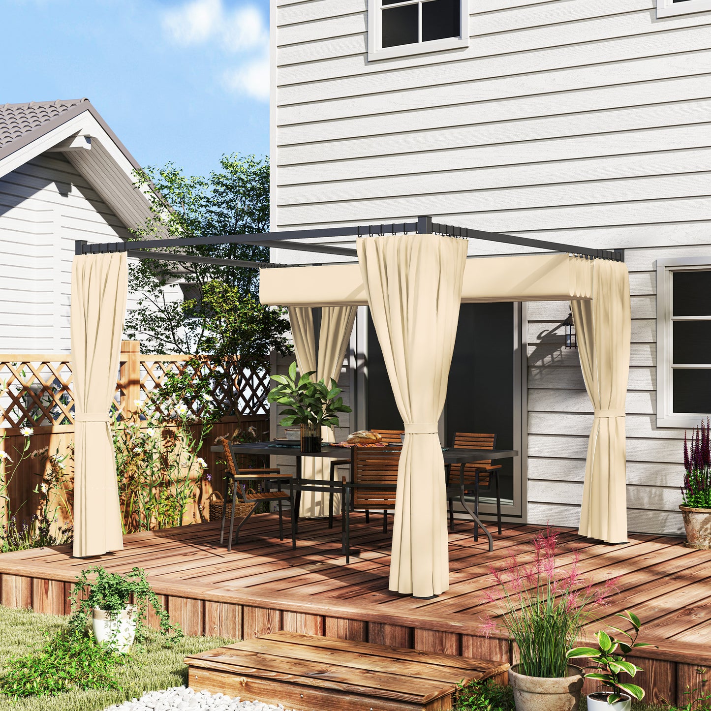 Outsunny 3 x 3m Retractable Roof Pergola, with Curtains - Khaki