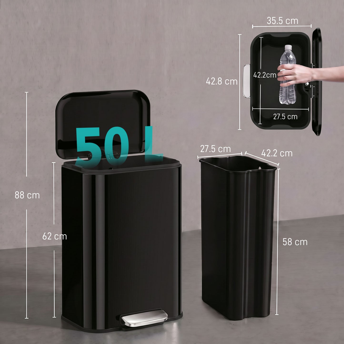 HOMCOM 50 L Kitchen Pedal Bin, Metal Rubbish Bin with Removable Inner Bucket, Soft-Close & Stay-Open Lid, High Gloss Black
