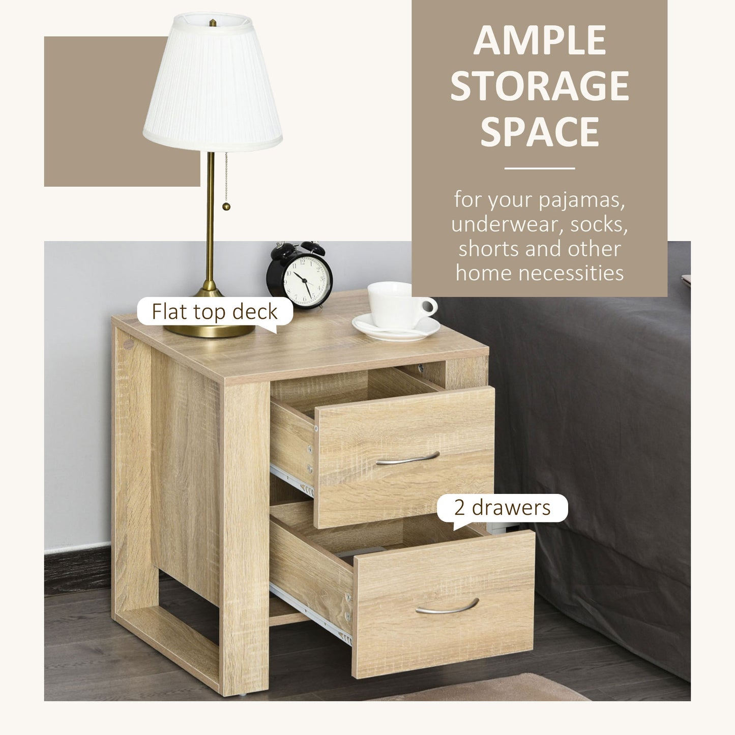 HOMCOM Particle Board 2-Drawer Bedside Table White