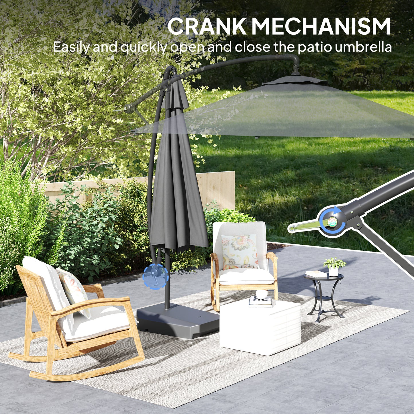 Outsunny Garden Cantilever Parasol with Fillable Base, Wind Strap, Cover, Crank Handle, Tilt, UPF50+ Sun Shade, Grey